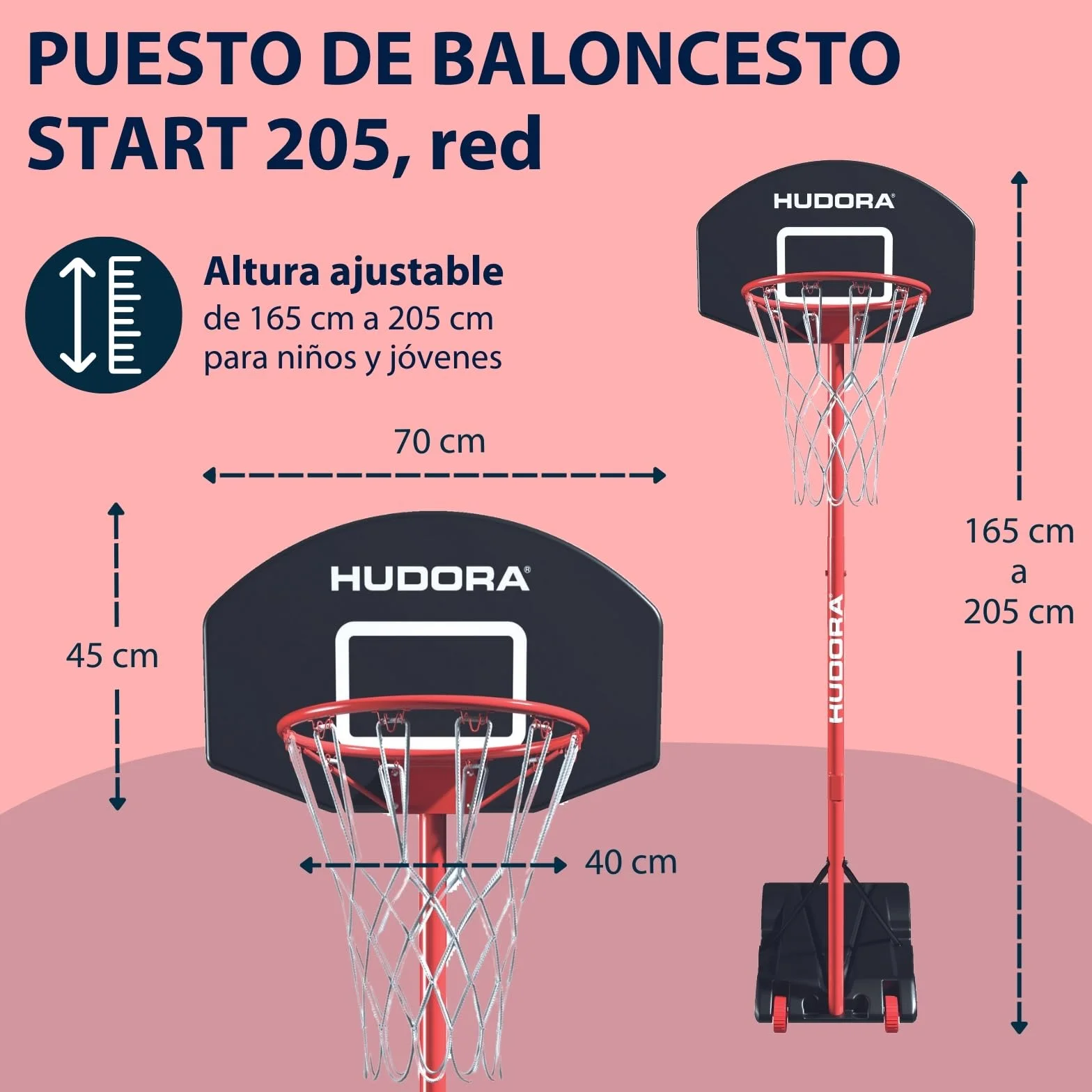 HUDORA Start Soporte de Baloncesto - Ajustable en Altura - móvil con Soporte para niños y Adolescentes - Canasta de Baloncesto para Exteriores con Ruedas