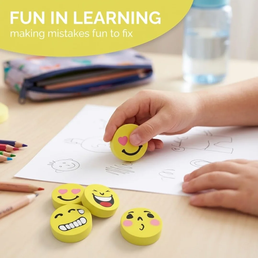 Borrador De Cara De Risa, 20 Unidades, Emoji, Amarillo, Tamaño 2,5 Cm, Para Niños, Estudiantes, Regalos De Cumpleaños