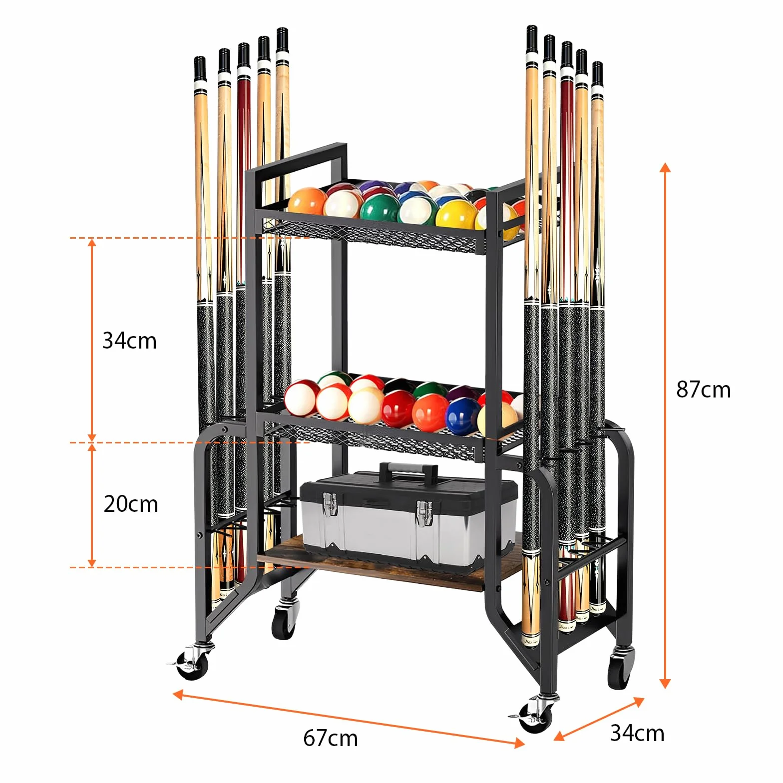 Soporte para taco de billar de 3 pisos para 10 bastones con ruedas