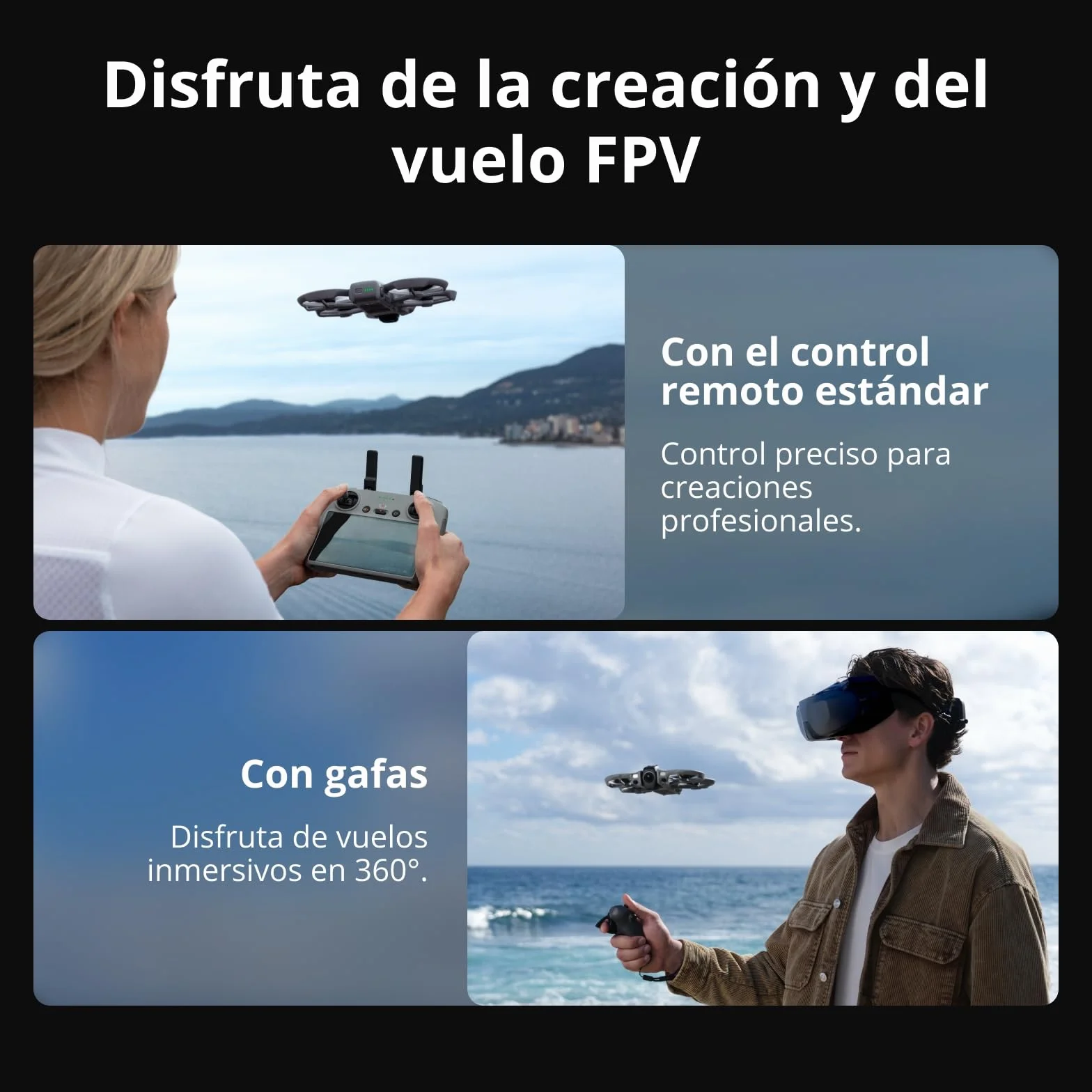 Pack DJI Avata 360 Motion Vuela Más, dron 360° con imagen 360° de 1 pulgada 8K, dron con cámara 360° con protector de hélices. Incluye Goggles N3 y RC Motion 3 para un control de movimiento intuitivo.