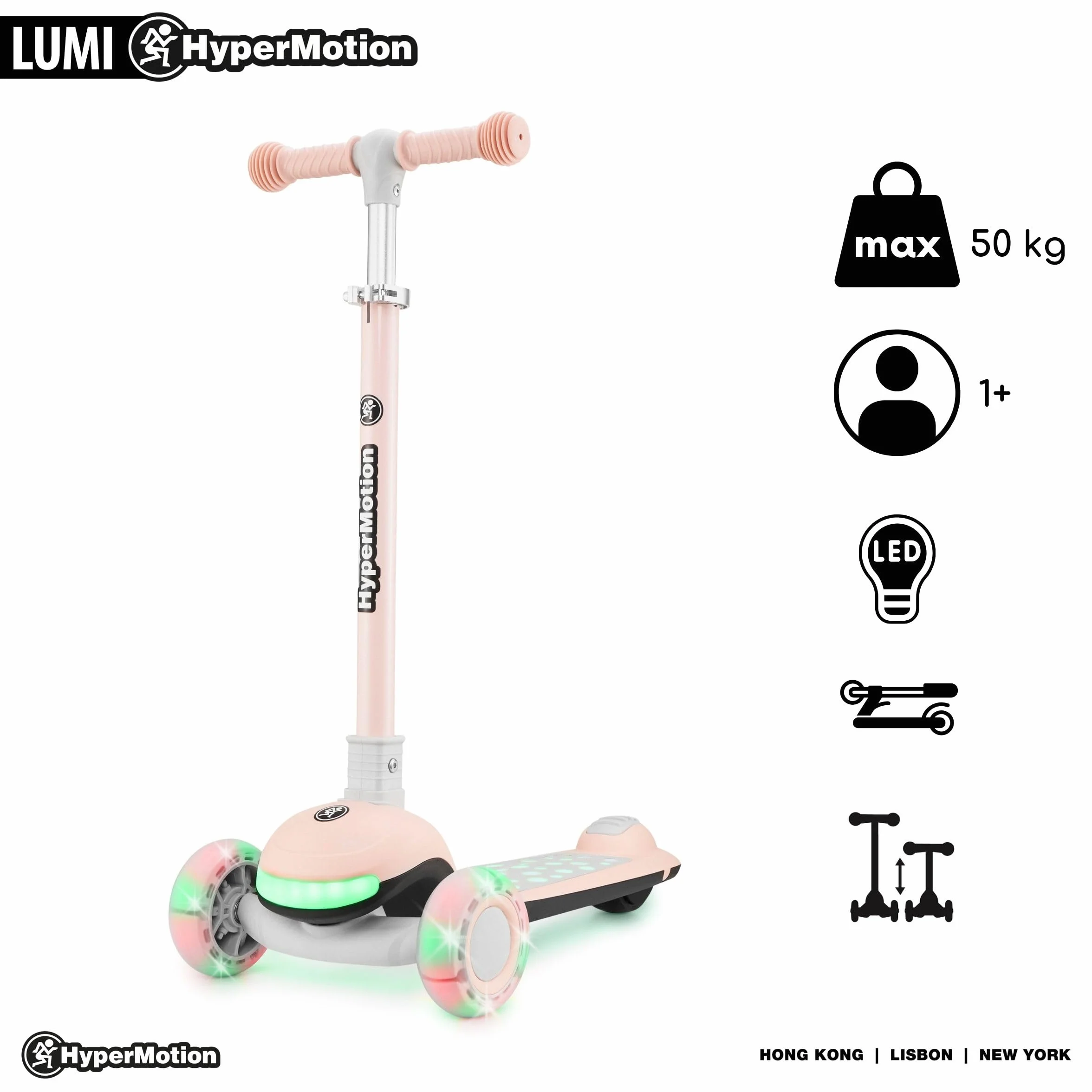 HyperMotion Patinete para niños con Luces LED 3 en 1 LUMI, Asiento Ajustable, Plegable, Ruedas de PU, Manillar T-Bar, hasta 50 kg, Desde 1 año, Uso Interior y Exterior (Rosa)