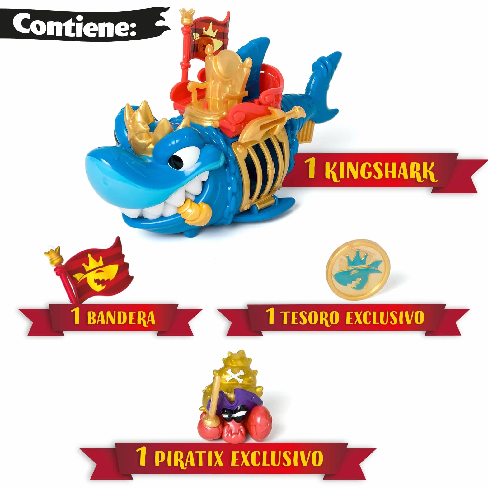 PIRATIX Adventure World King Shark Tiburón articulado con Jaula para capturar Piratix rivales Incluye tiburón Tesoro Exclusivo Piratix Exclusivo y Accesorio