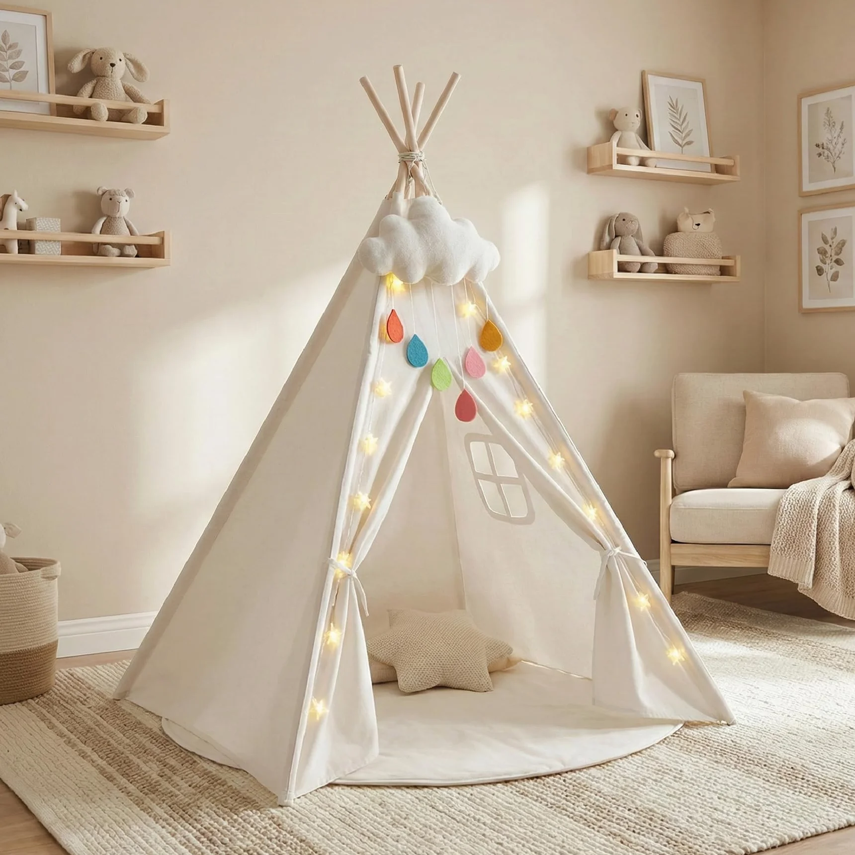 Buddy Baby Tienda Tipi 18 Meses Luces Decorativas Estrellas 3m Alfombra Antideslizante Peluche Nube Montaje sin Herramientas Anti-colapso Ventana Lateral