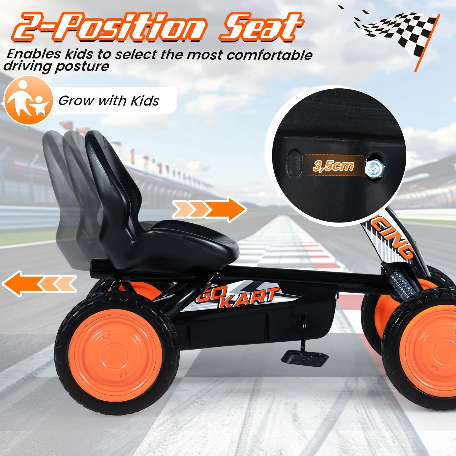 FANTASK Niños Gokart con Pedal, Asiento Ajustable, Marcha adelante y atrás, soporta hasta 30 kg, Coche de Pedal Exterior para niños y niñas a Partir de 3 años (Negro)
