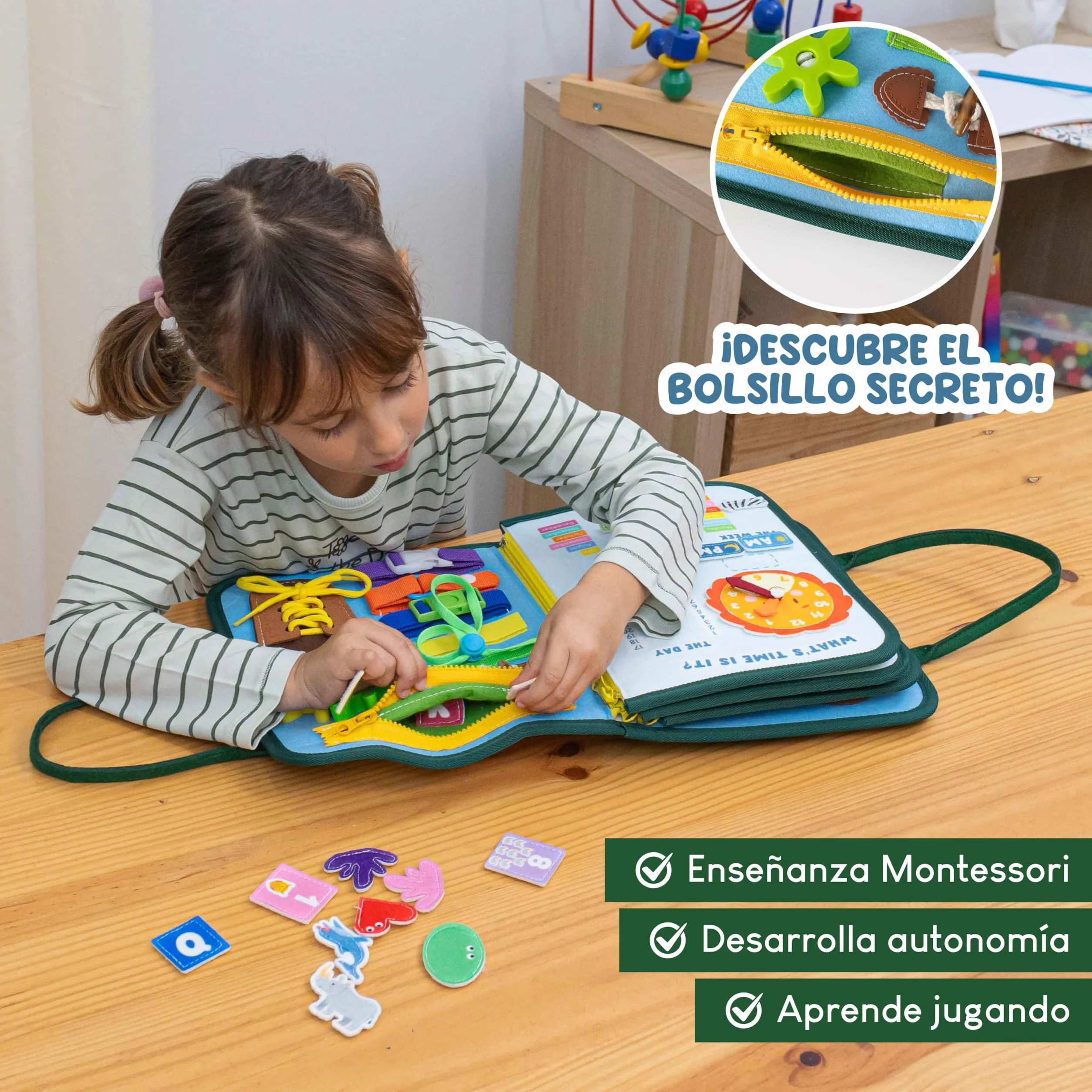 BONNYCO Busy Board Montessori de Fieltro, Maletin de Paneles Sensoriales Montessori. Tablero Busy Book, Juguetes Educativos Motricidad Fina. Juguetes Regalos para Niños y Niñas Cumpleaños, Navidad