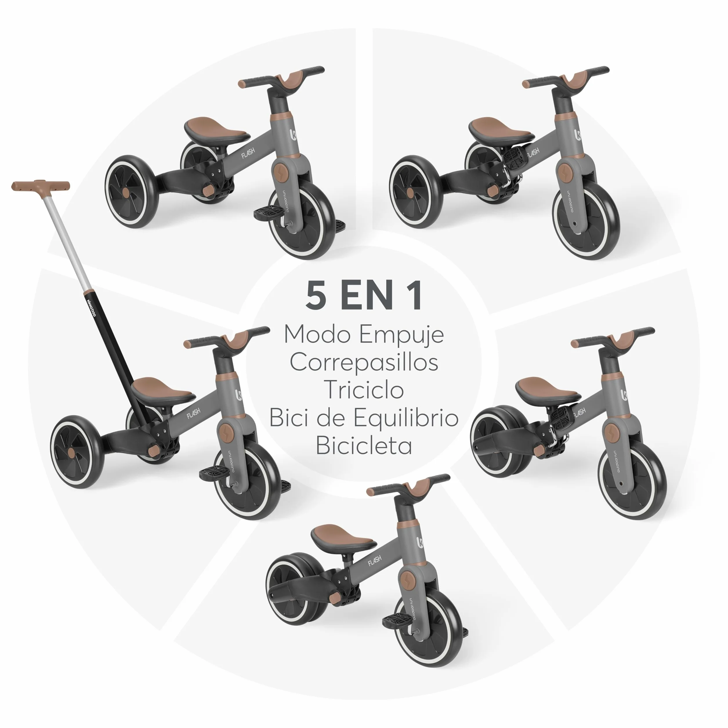 KikkaBoo Triciclo Evolutivo de Bebé 5 en 1 Flash, Desde 18 Meses a 4 Años, Transformable en Bicicleta Sin Pedales, con Manillar de Empuje Ajustable, Ligero, Ruedas EVA, Gris
