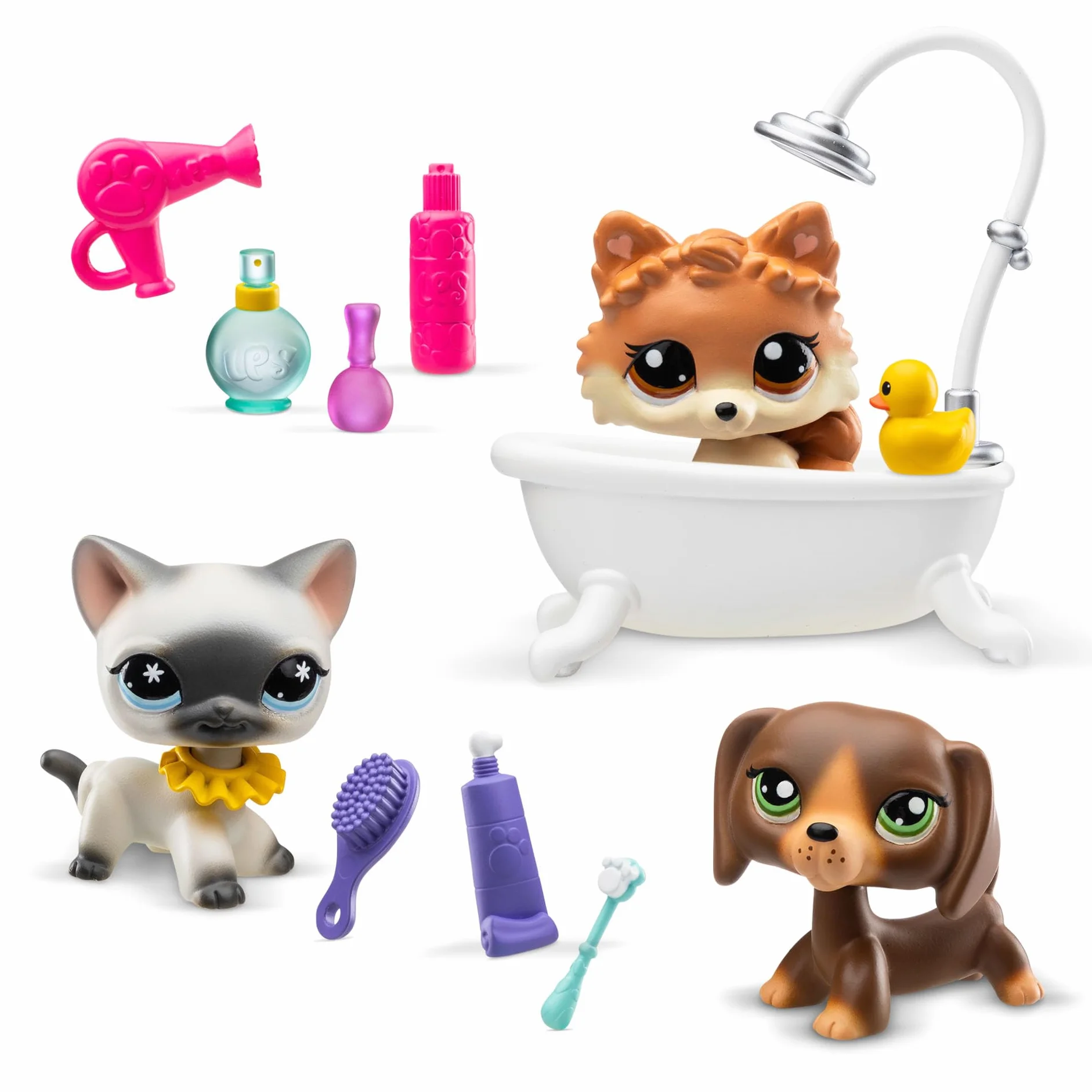 BANDAI - Littlest Pet Shop - DÍA DE SPA BF00638, 3 Mascotas, 10 Accesorios, 1 Tarjeta de coleccionista, 1 código Virtual, Generación 7 Mascotas 172, 173, 174, Figuras de LPS, a Partir de 4 años