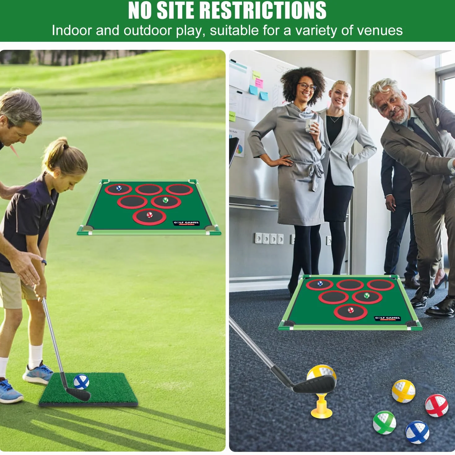 Mostop Juego de juego de golf – Juego de Cornhole para patio trasero incluye alfombrilla de putt, 20 bolas adhesivas, 6 fundas de agujero, bolsa de transporte, juegos de patio de golf para adultos
