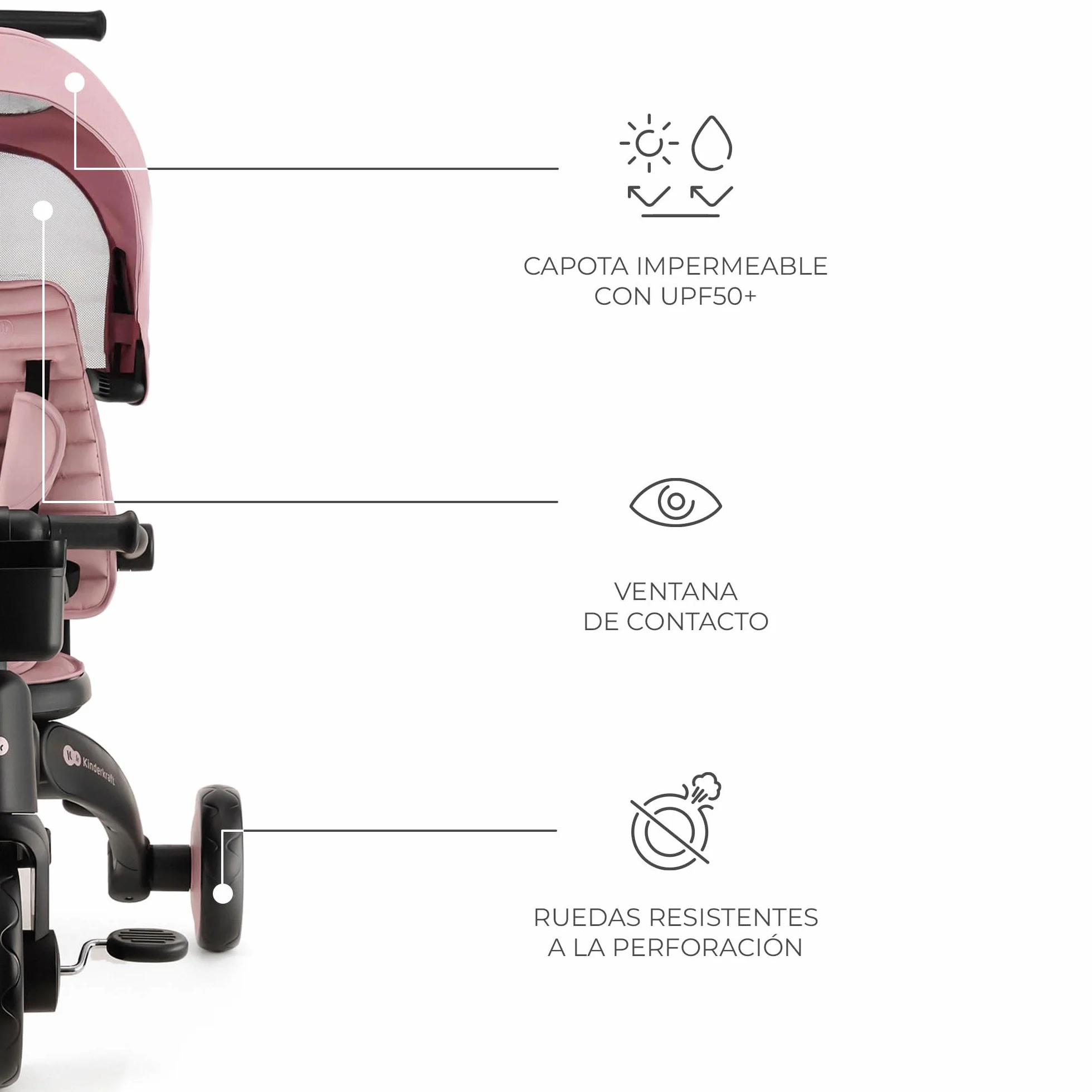 Kinderkraft JAZZ2 Triciclo 6 en 1, con función de Rueda para niños, Cochecito Plegable con Accesorios, protección UV UPF50+, de 9 Meses a 5 años, Rosa