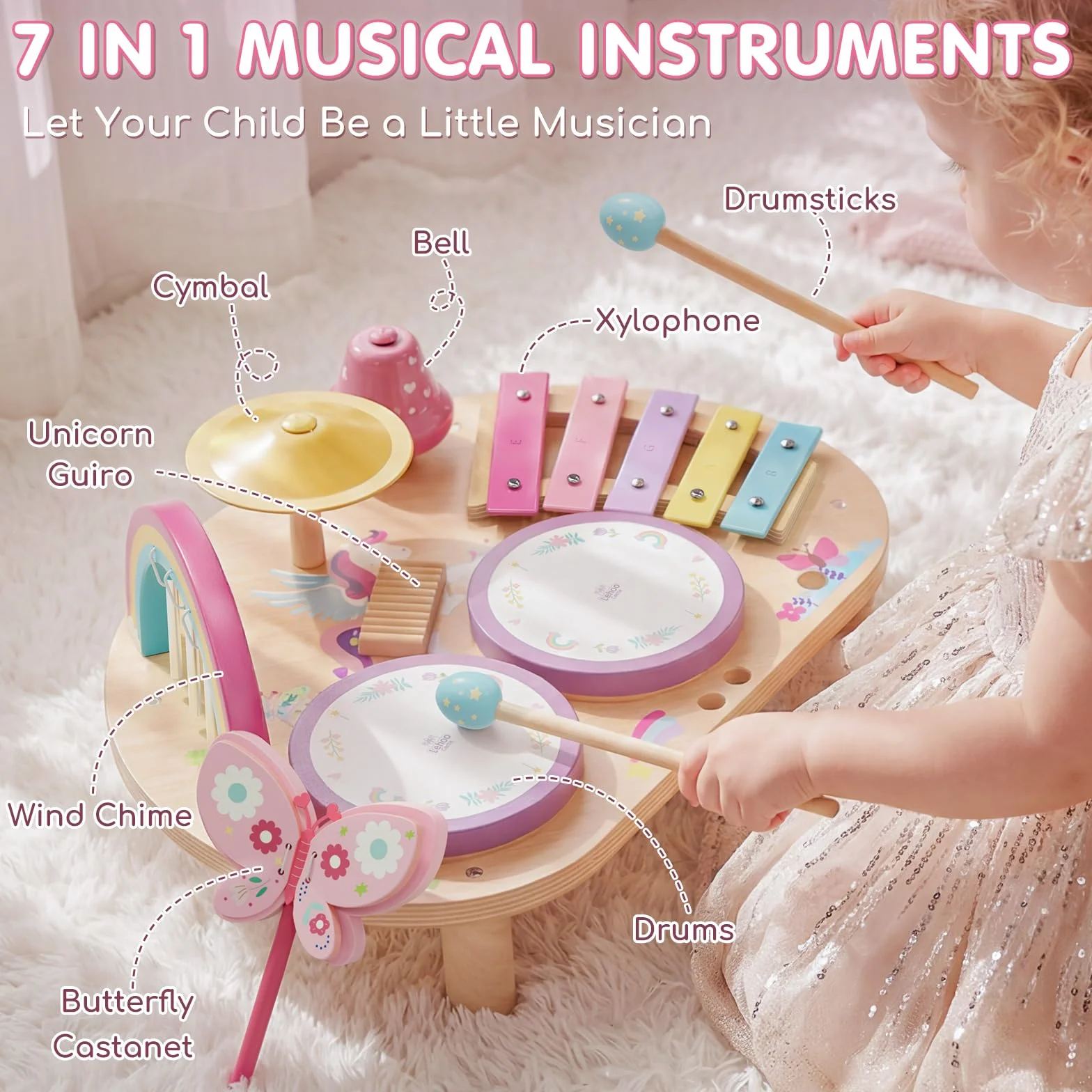 Lehoo Castle Montessori Juguetes 1-3 Niños, Bebe Tambor Bateria Infantil, 9 IN 1 Instrumentos Musicales Brinquedos Juguetes de Mader Regalo Brinquedos Niño Niña 2 3 4 5 Años (Unicornio)
