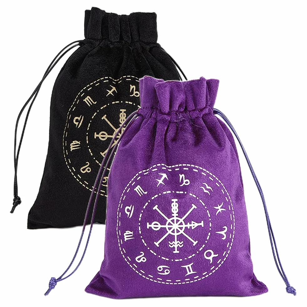 CREATCABIN 2 Bolsa Tarot Terciopelo Almacenamiento Tarjetas Tarot,12 Bolsas Constelaciones,Soporte para Runas con Cordones,Embalaje Grande para Cartas Tarot,Joyería Cristal,Dados,18x13cm,Negro Morado