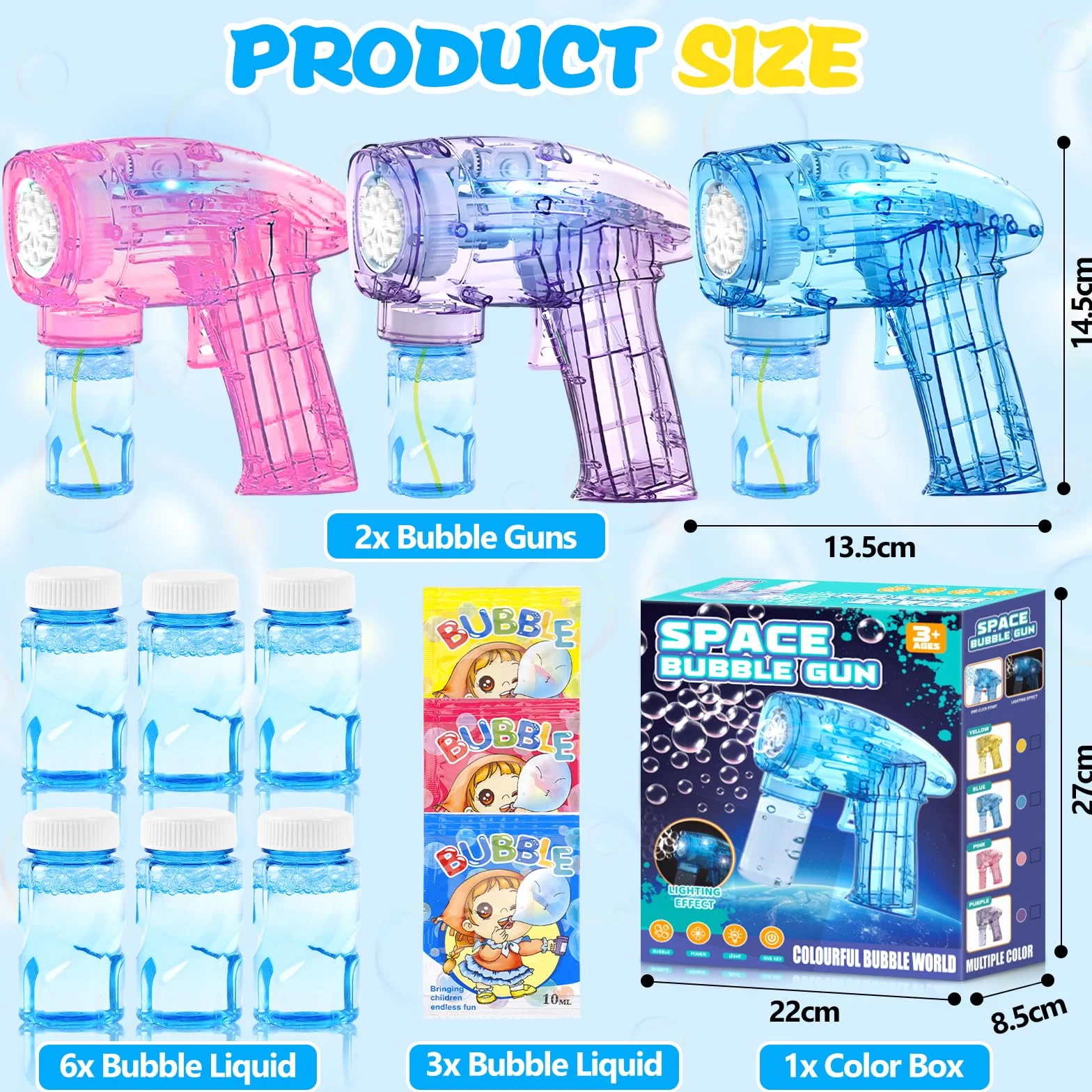 3 Pistola Pistola Burbujas, Pistola De Burbujas para Niños, con 6 Botellas, 3 Bolsas, Solución, Bubble Machine para Juguete De Verano, Actividad Al Aire Libre, Regalos De Fiesta