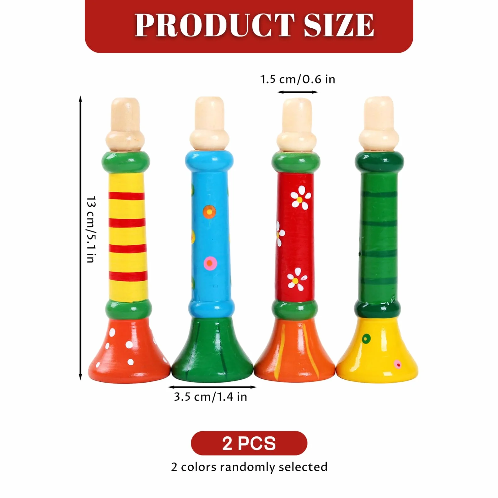 Trompeta de Juguete 2 Piezas pequeña de Madera, Linda y Segura, Trompeta para niños pequeños, Juego de simulación, Divertidos Instrumentos Musicales para niños de 1 a 3 años, Color Aleatorio, Juguete