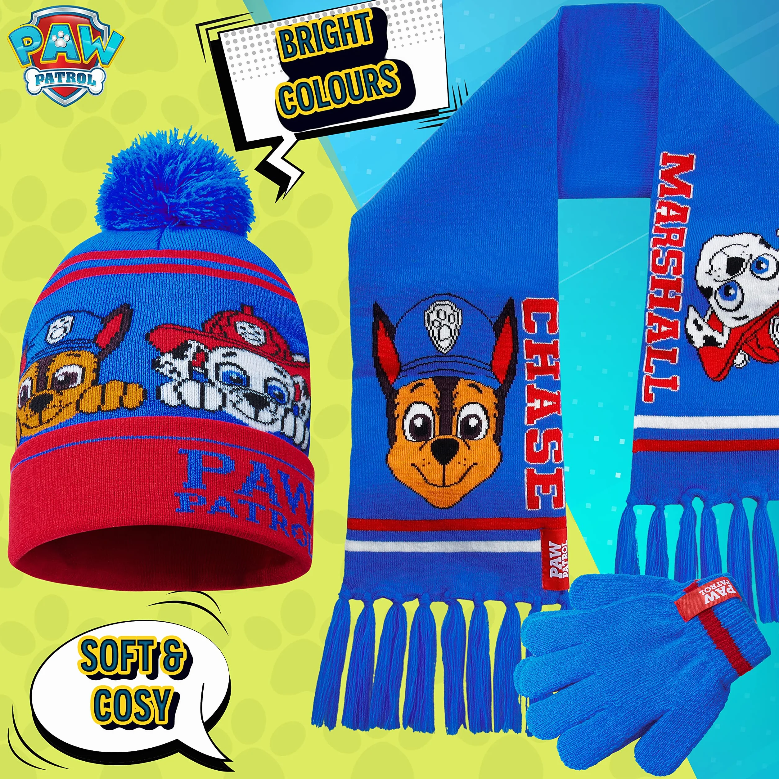Paw Patrol Set de Invierno 3 Piezas Gorro Pompón Bufanda Guantes para Niños
