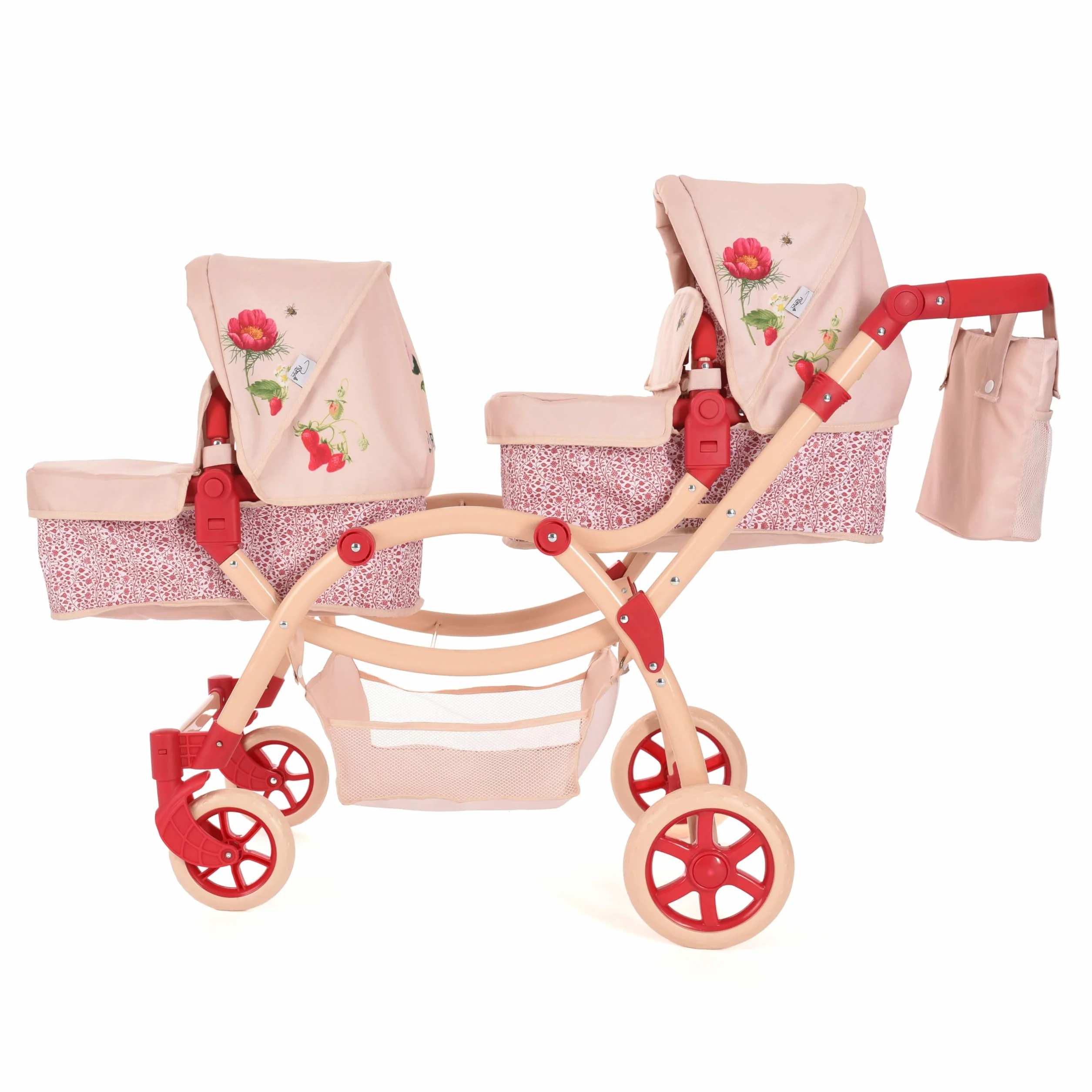 Cochecito para Muñecas Gemelas Roma RHS Flora, Silla de Paseo Doble, Color Crema y Rojo Baya, Manillar Ajustable 69-84 cm