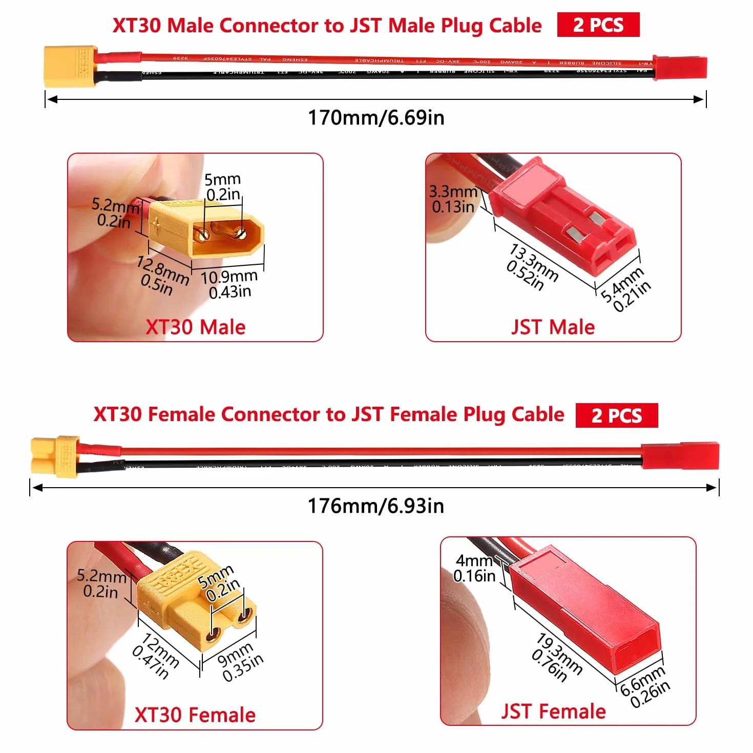 YIXISI 4 Piezas XT30 a JST Cable de Adaptador, JST Conector a XT30 Conector con Cable de Silicona 15cm 20AWG, para Vehículos RC y Baterías Lipo