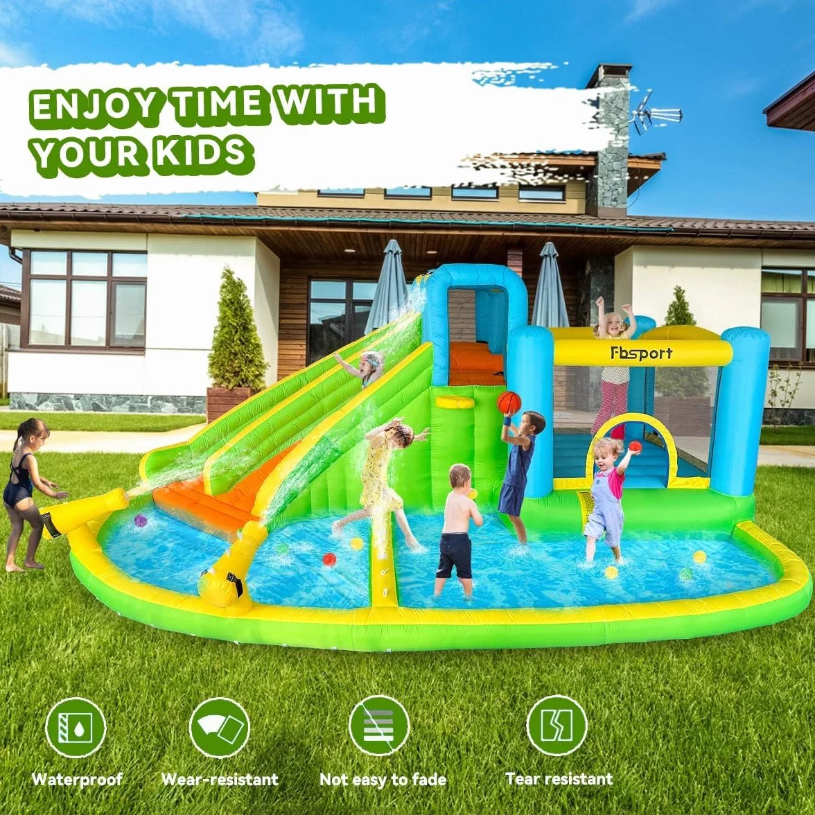FBSPORT Castillo Hinchable Grande con Ventilador para niños Grandes tobogán seco y de Agua, Adecuado para niños, Castillo Children's Bouncy para Uso Interior o Exterior