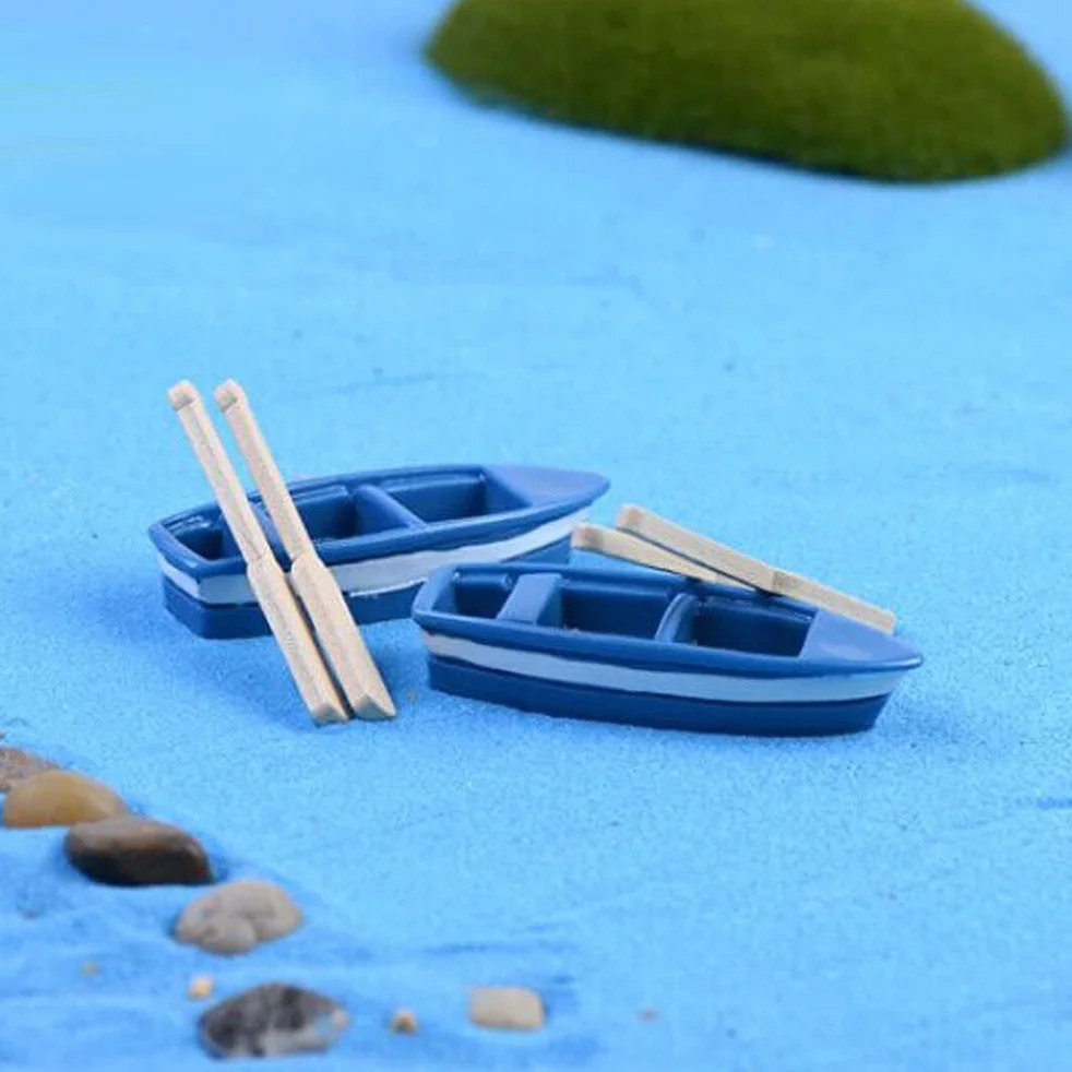 zalati Mini barco de pesca con remo, 2 piezas en miniatura de micro paisaje con palas, adornos para decoración de construcción de piscina de casa de juguete