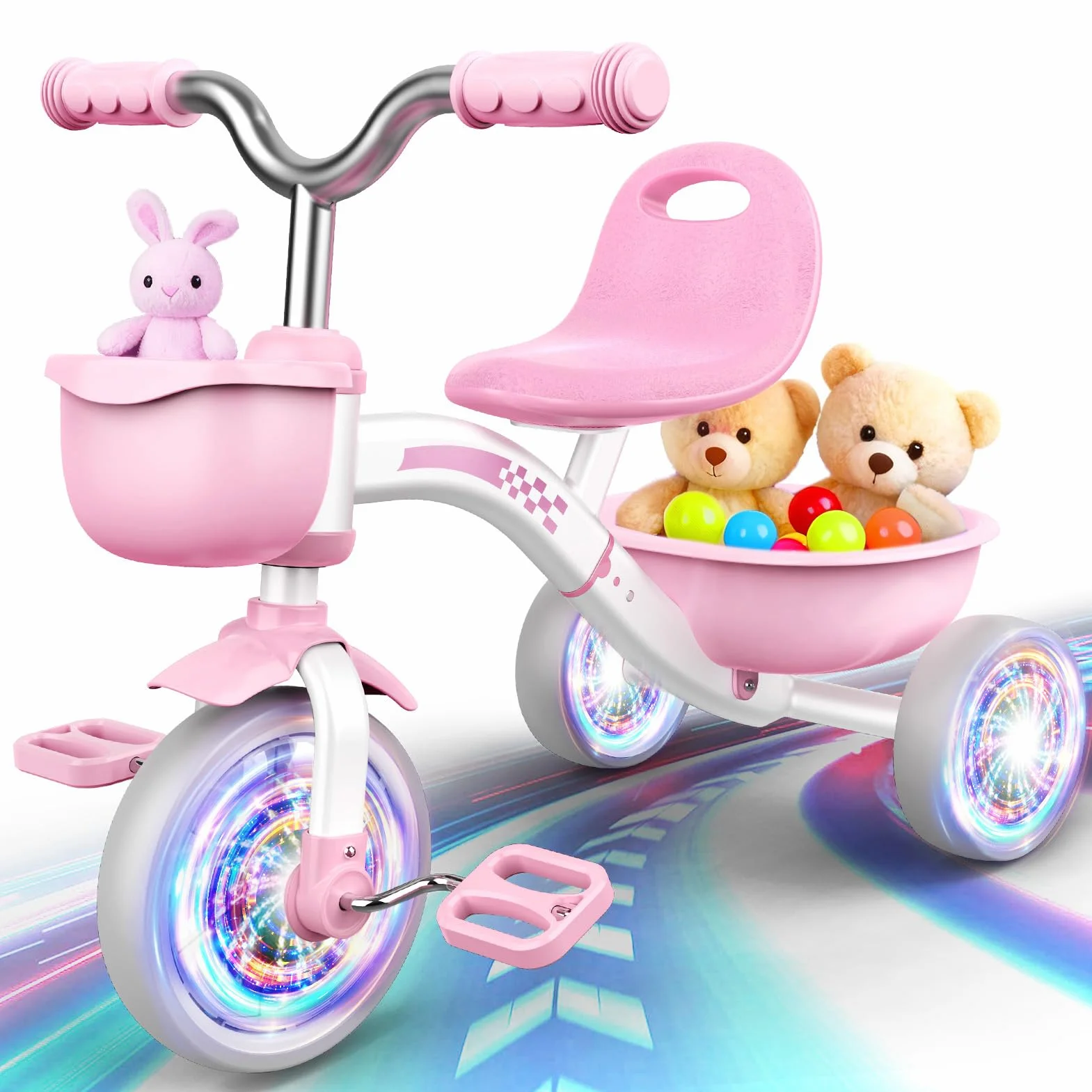 Braxel Triciclo para Niños de 2 a 5 Años, Triciclo Evolutivo con Asiento Ajustable Luces Geniales para Niño y Niña de 1 a 4 Años Carga 35 kg, Rosa