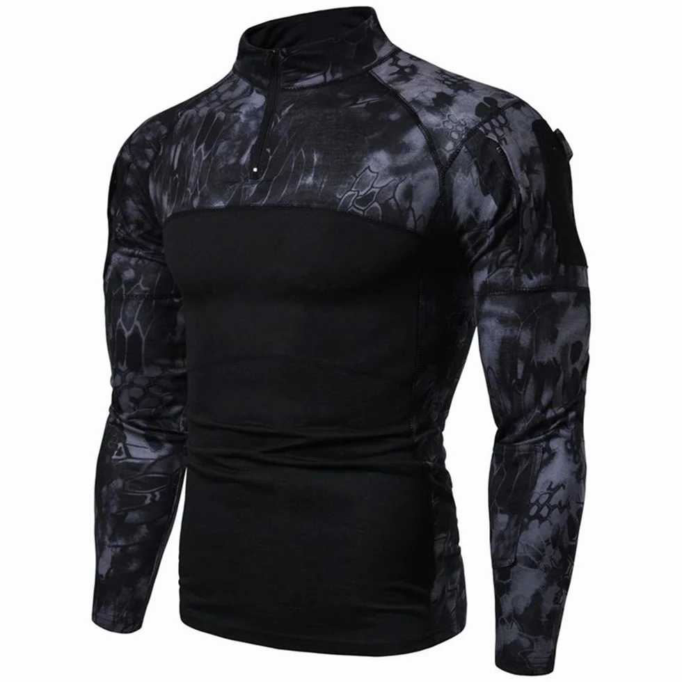 Camisa táctica de manga larga con cremallera 1/4 para hombre, estilo militar, camisa de combate con bolsillos, airsoft, caza, camping