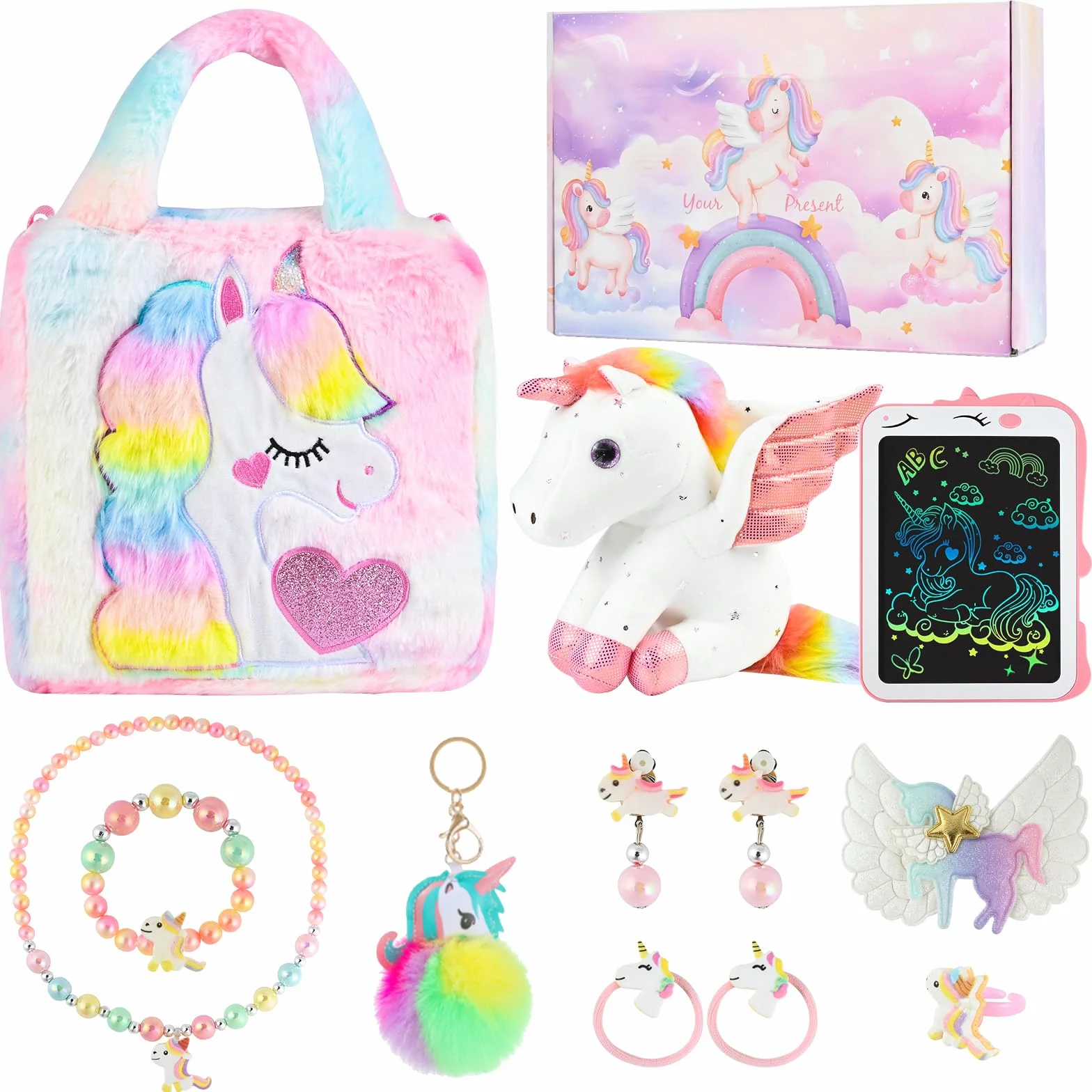 Euakee Unicornio Juguete Regalos Cumpleaños para Niñas 4-10 Años, Set de Joyas, Bolsa de Peluche, Colgante (Colorido)