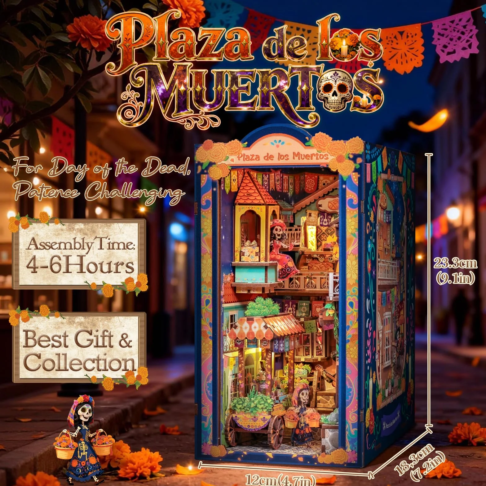 Cutefun Book Nook Kit para Día de Muertos - Kit de casa de muñecas en Miniatura - Kit de construcción de Modelo de decoración de estantería con luz LED, Rompecabezas de Madera 3D, Regalo Decorativo
