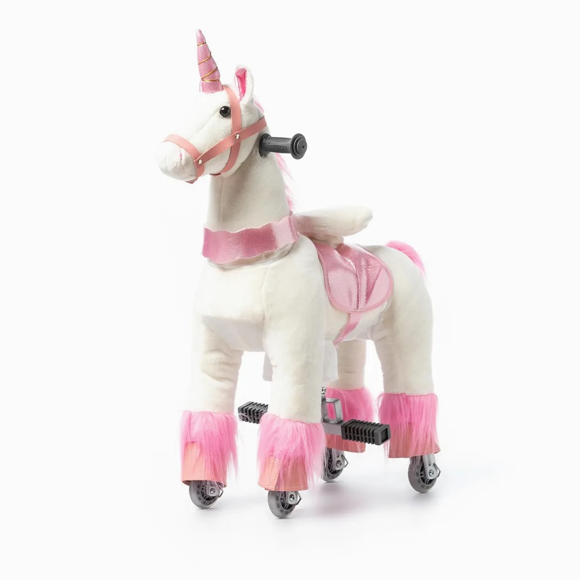 Caballo mecánico Infantil de Peluche Unicornio Rosa Talla S con Pedales Ruedas PU Asiento ergonómico y Asas de Madera Ponyride Iris ATAA Toys