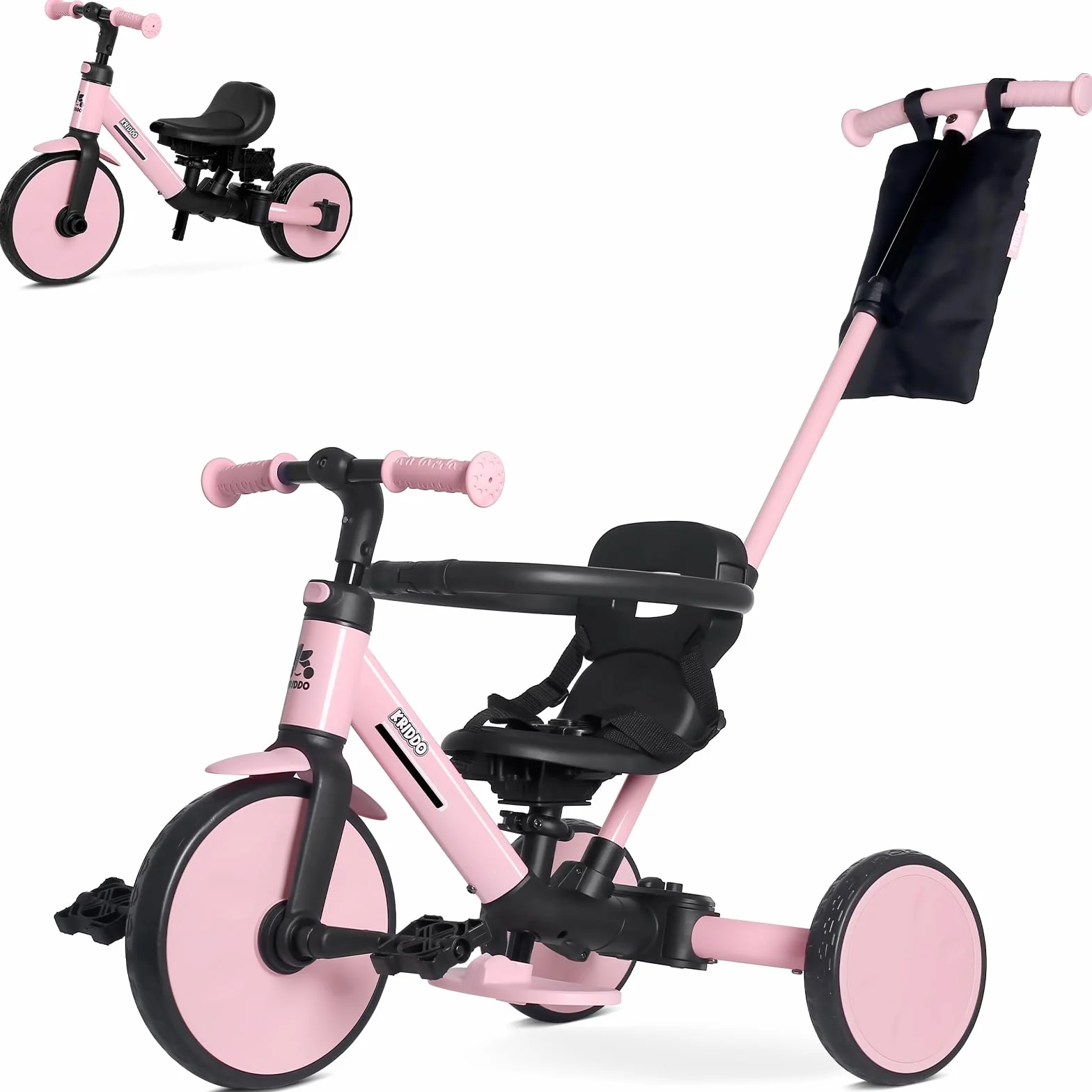 KRIDDO Triciclo Evolutivo 7 en 1 para Niños de 18 Meses a 5 Años – con Barra de Empuje, Triciclo y Bicicleta con o sin Pedales, Arnés de 3 Puntos, Bolsa de Almacenamiento, Rosa