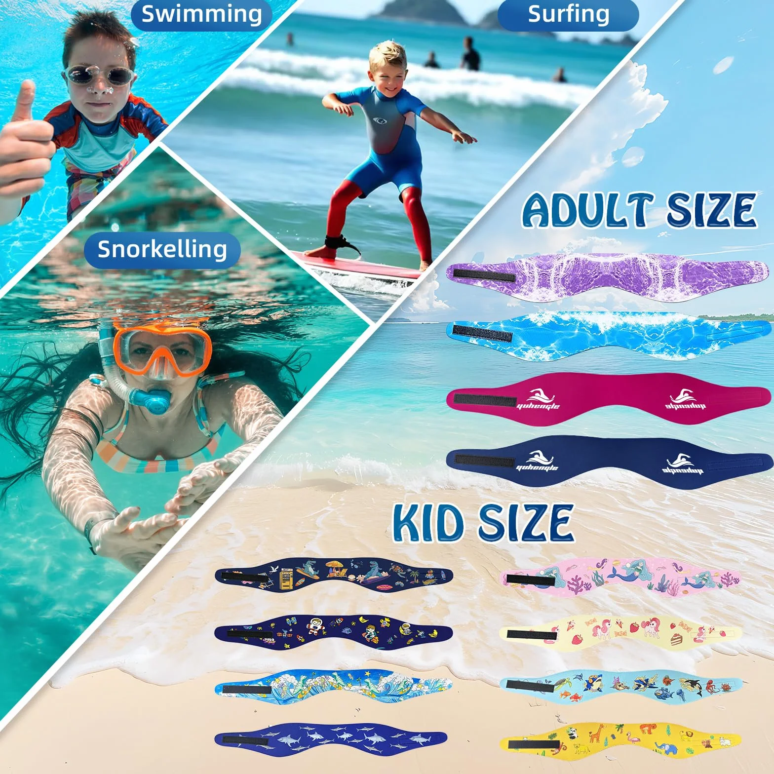 Diadema de Natación Impermeable, 2 Pares Tapones Oídos con Banda Neopreno Ajustable Antideslizante para Nadar Surf Bucear