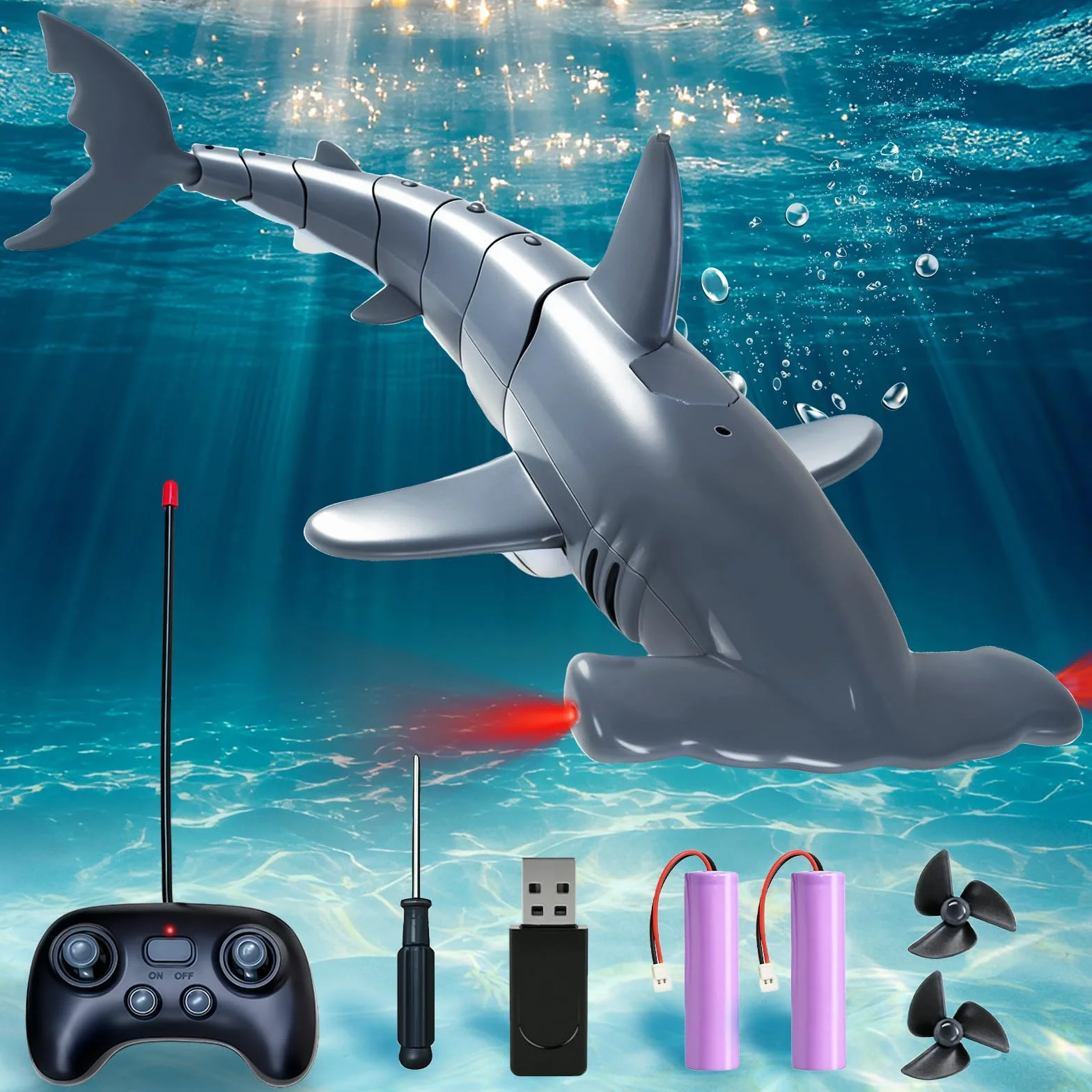 Tiburon Teledirigido Submersible, Tiburon Submarino Juguete 2.4GHz RC Tiburón con Luces LED para Piscinas, Lagos y Bañeras (Gris)