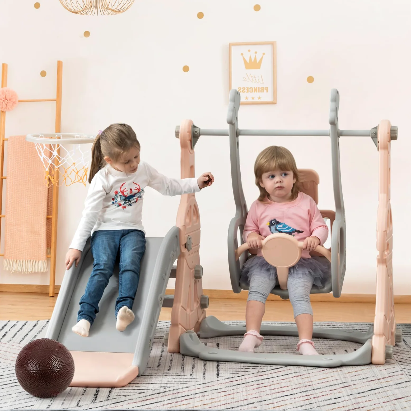 Tobogán infantil 4 en 1, columpio, juego de toboganes infantiles con escaleras, columpio, tobogán y soporte de baloncesto, rosa