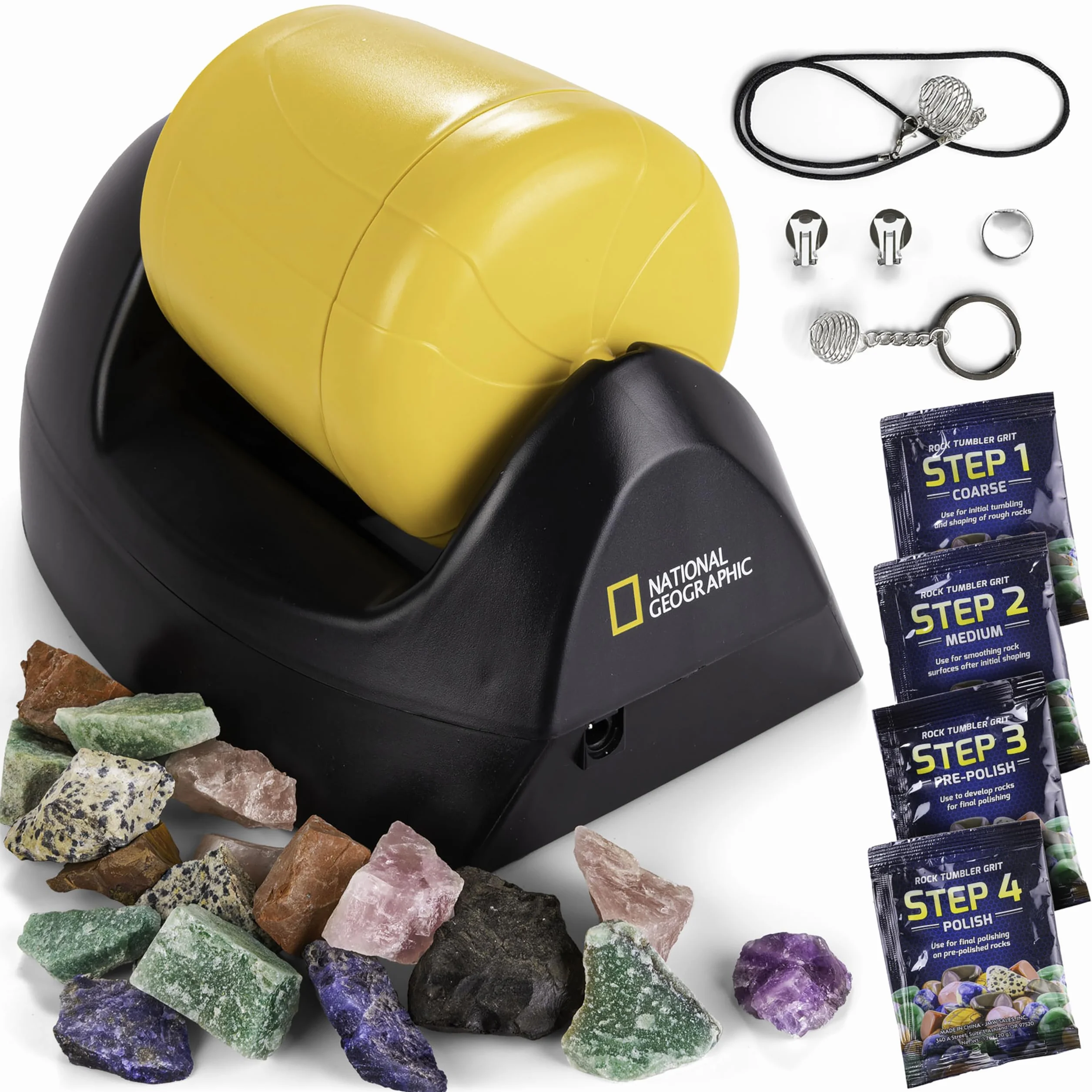 National Geographic Kit Inicial de Pulidora de Rocas – Incluye Gemas en Bruto, Grano de Pulido de Carburo de Silicio en 4 Etapas, Montajes para Joyería y Guía de Aprendizaje – Kit Científico CTIM