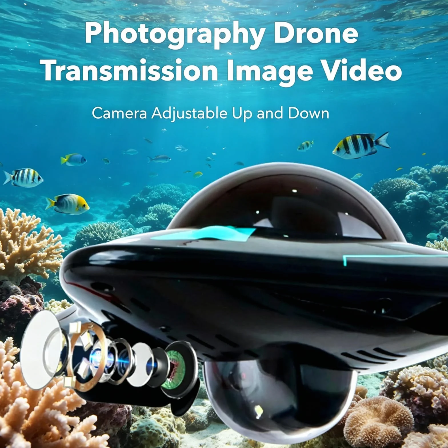 Drone Submarino con Control de Aplicación, Drone Submarino Teledirigido con Cámara HD de 10M y Luces LED, Ángulo de Cámara Ajustable, para Exploración Submarina y Juguetes para Adultos (negro)