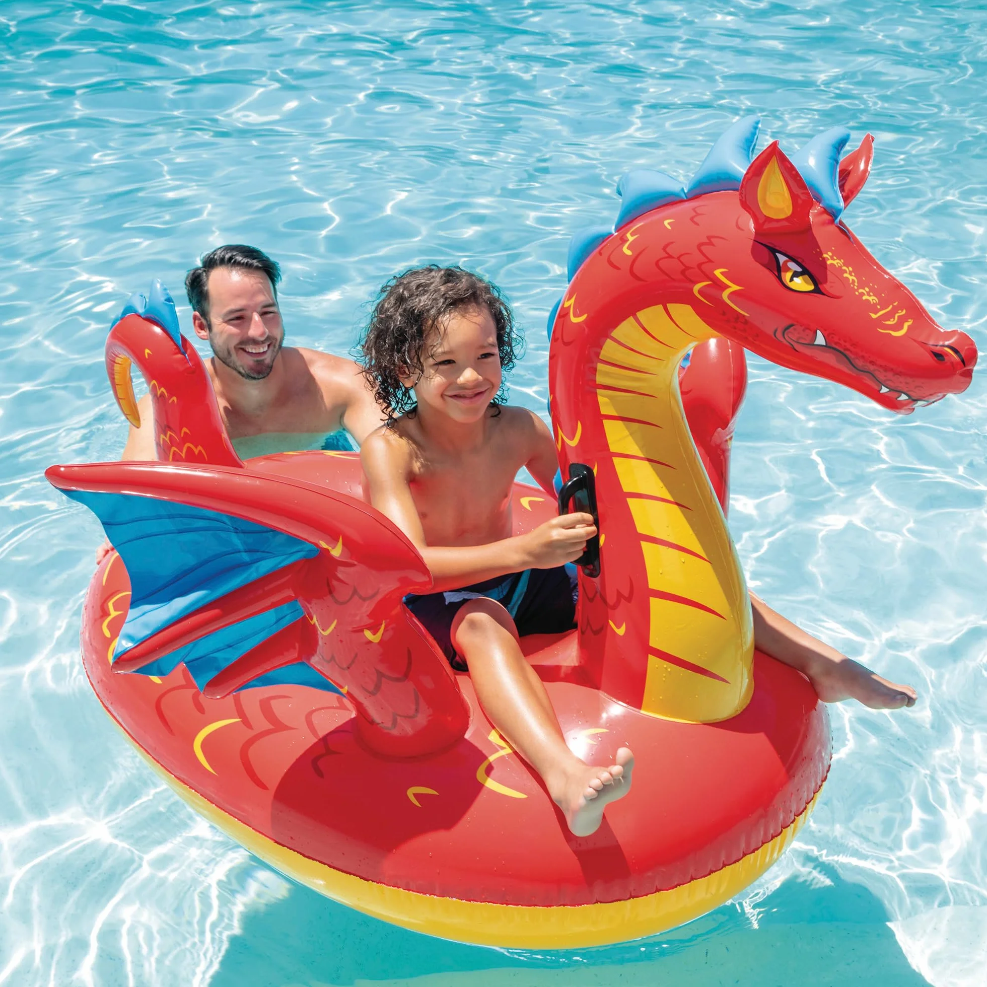 Intex, Flotador Hinchable, 198x173 cm, Diseño dragón, Incluye Parche reparación, Colchoneta con 2 Asas, con 2 cámaras de Aire, Colchonetas de Piscina, Hinchables Playa, Juguete Agua (57577)