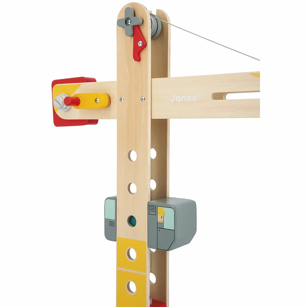 Janod - Grúa Grande de Madera 74 cm - Juguete de Imitación - Juego de Construcción - Rotación 360° y Móvil - 12 Accesorios - Certificado FSC - A Partir de 3 Años, J06468