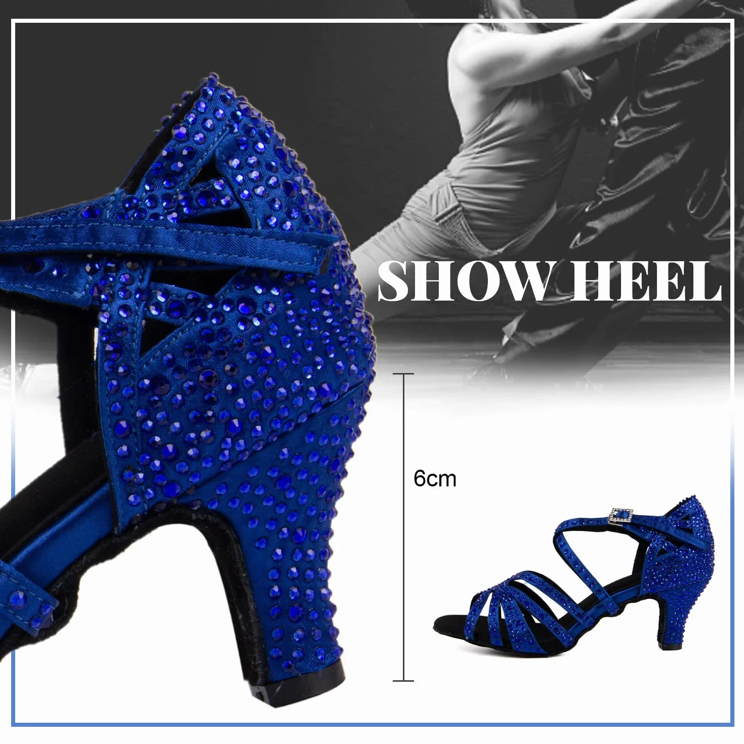 Zapatos de Baile Latino para Mujer con Diamantes de Imitación Salsa Tango Bachata, Azul 6cm Tacón, 36 EU