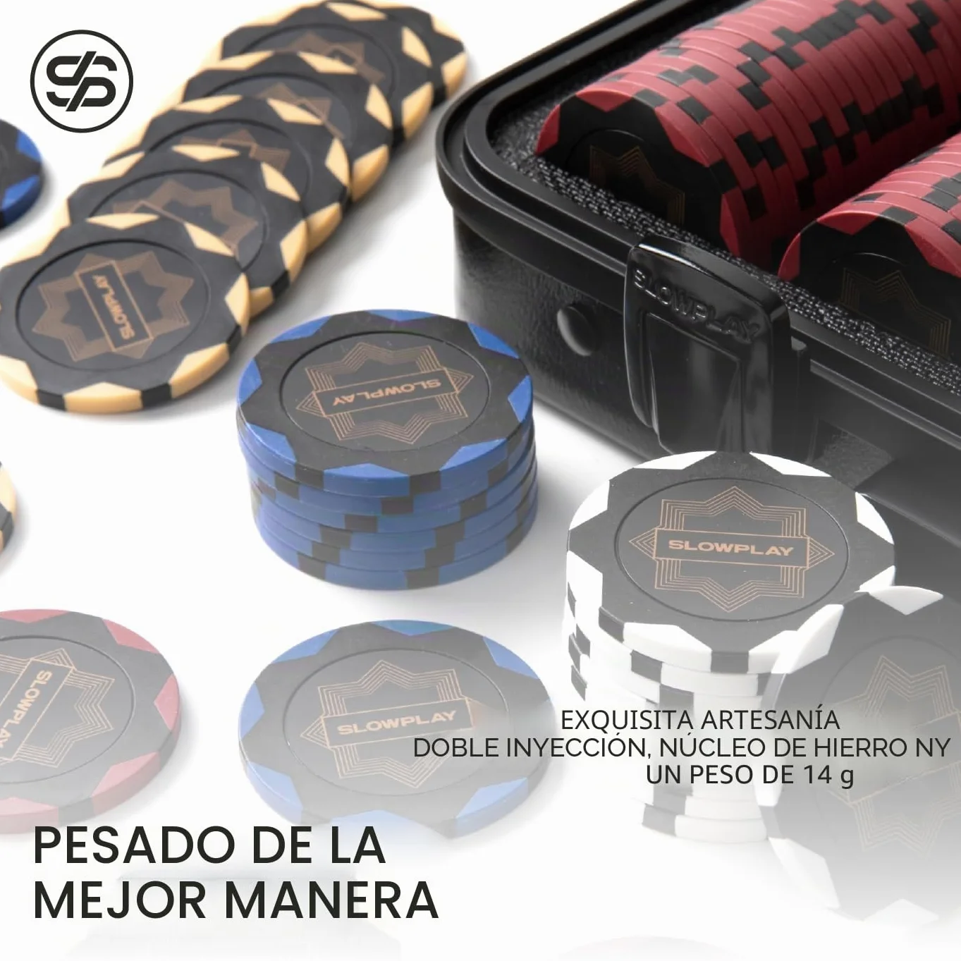 SLOWPLAY Set de póker Nash | Maletin Poker, Chips de Arcilla, 14g | Profesional pokerset con botón del crupier y Cartas de plastico | Black Gold | Full Set-500 fichas de póker numerado