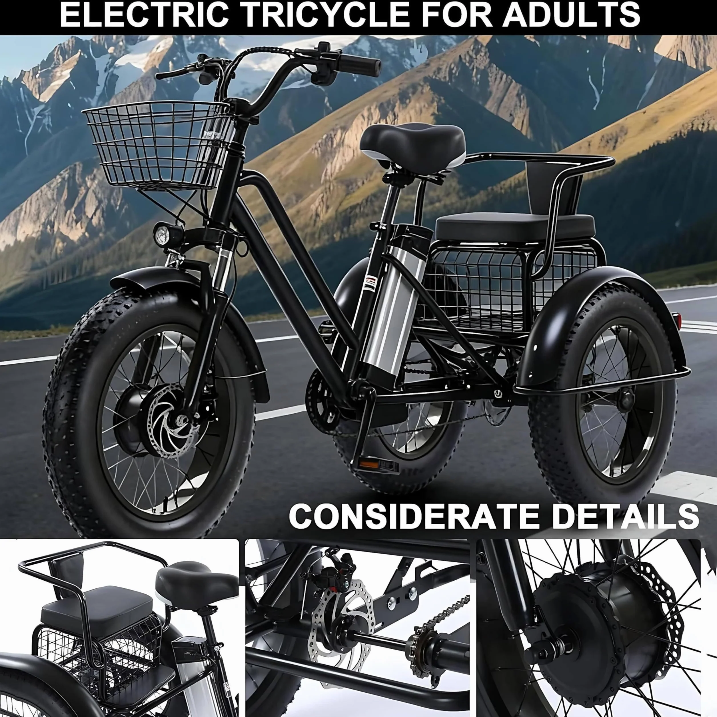 Triciclo Eléctrico Para Adultos,Con Neumáticos Anchos Todoterreno De 20" X 4.0,Cesta De La Compra Y Asiento Trasero,Batería Extraíble De 48v/12ah,Carga 200 Kg,Ideal Para Ir De Compras, Pícnics