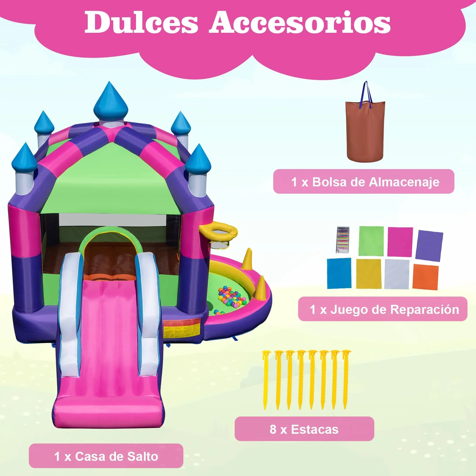 COSTWAY 5 en 1 Castillo Hinchable para Niños, Castillo Hinchable Grande con Tobogán, Piscina de Bolas, Techo Sombreado, para Niños 3-10 Años, Insuflavel Criança Interior Exterior, 385 x 332,5 x 300 cm