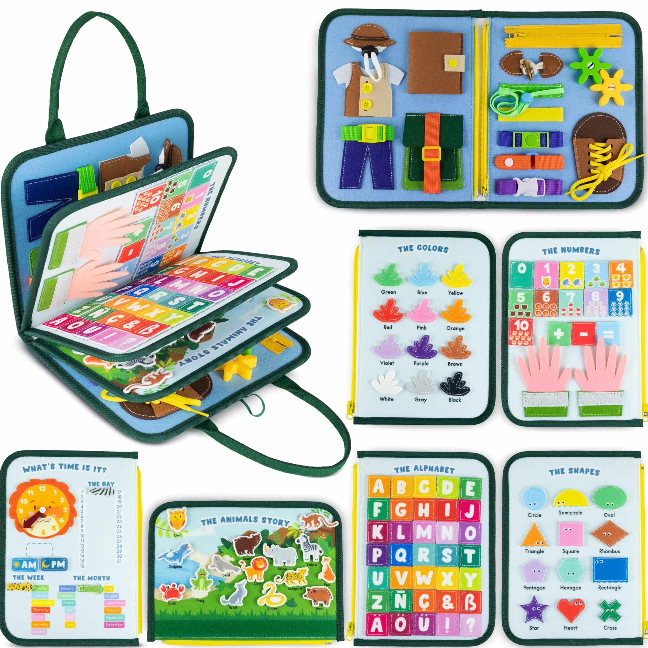 BONNYCO Busy Board Montessori de Fieltro, Maletin de Paneles Sensoriales Montessori. Tablero Busy Book, Juguetes Educativos Motricidad Fina. Juguetes Regalos para Niños y Niñas Cumpleaños, Navidad