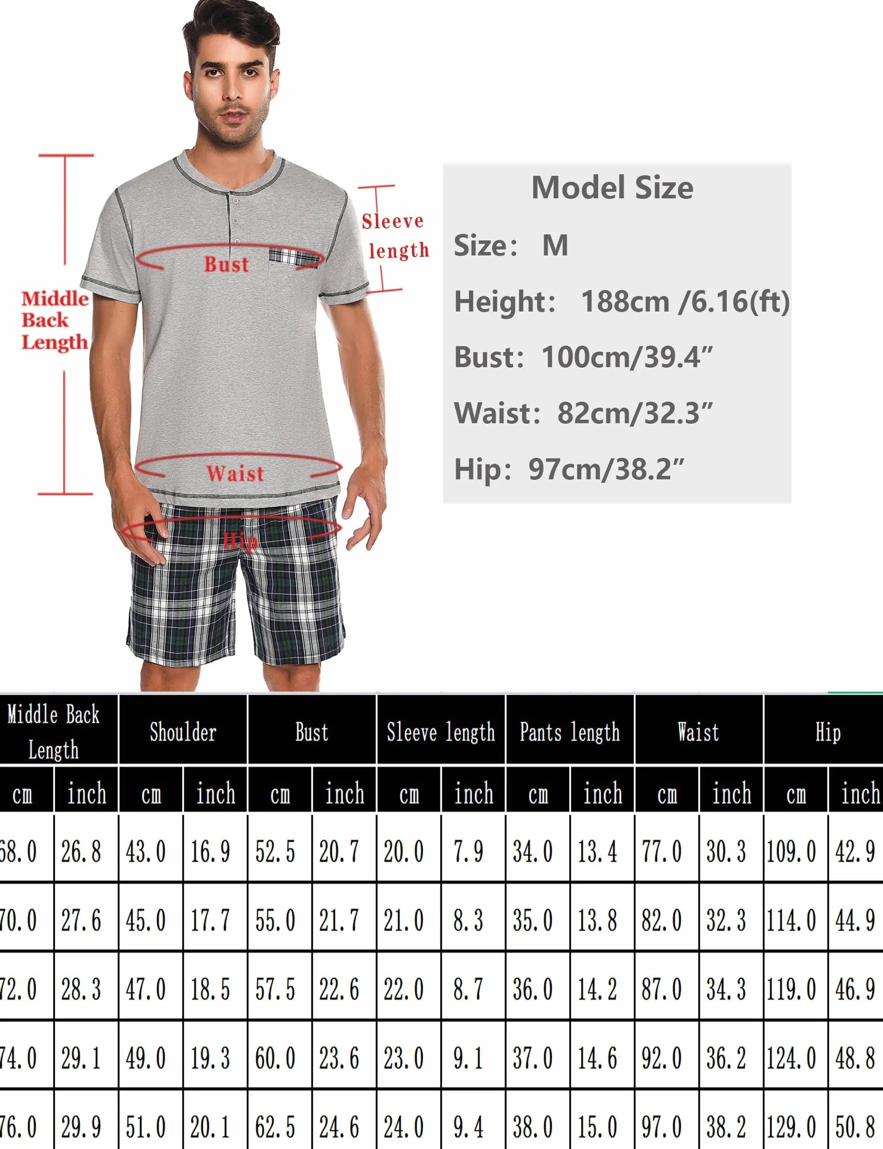 Litherday Pijama Hombre Algodón Manga Corta Cuadros Conjunto 2 Piezas S-XXL