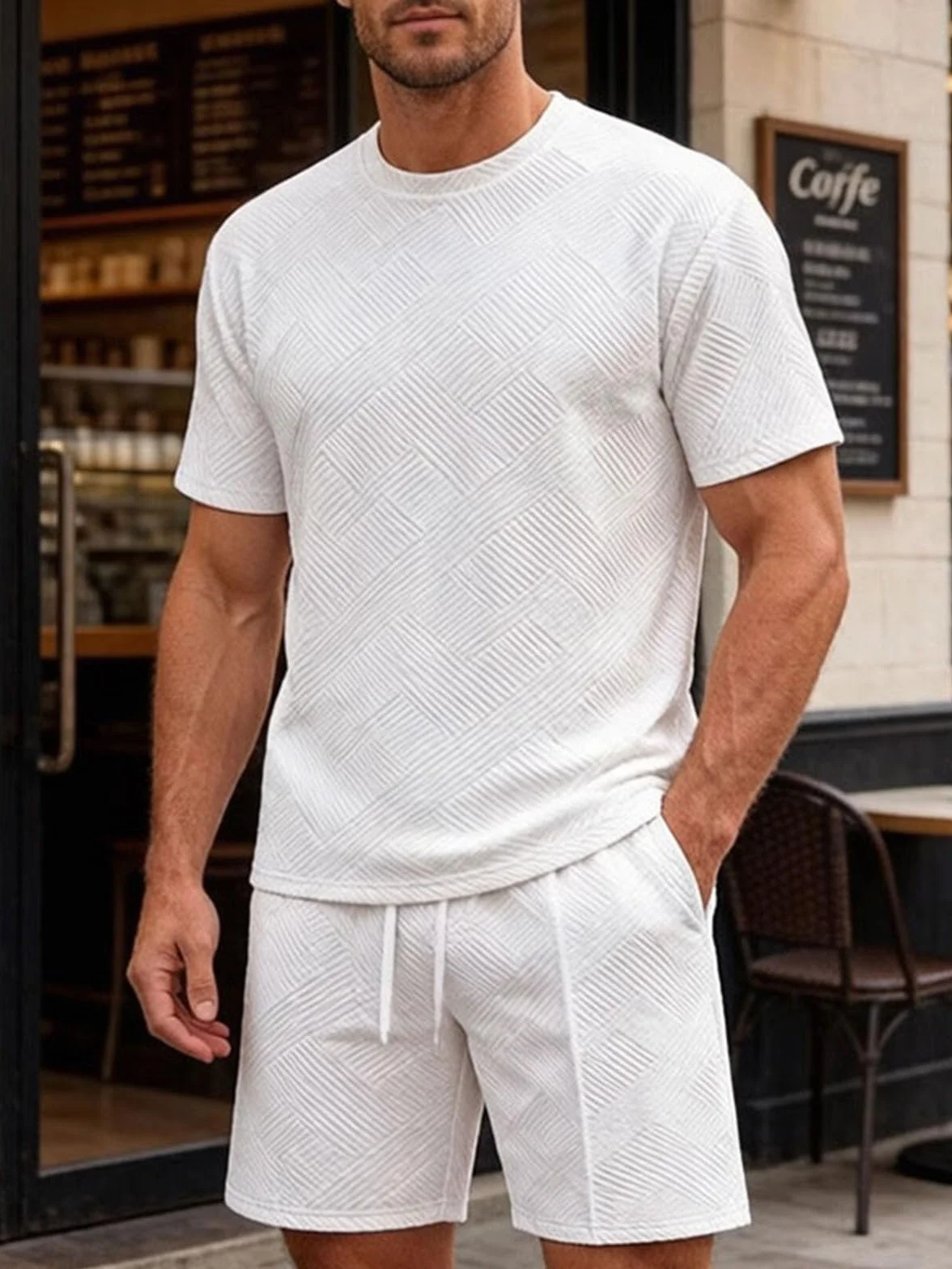 Ropa Verano Hombre 2 Piezas Conjunto de Verano Hombre Jacquard Chándal Manga Corta