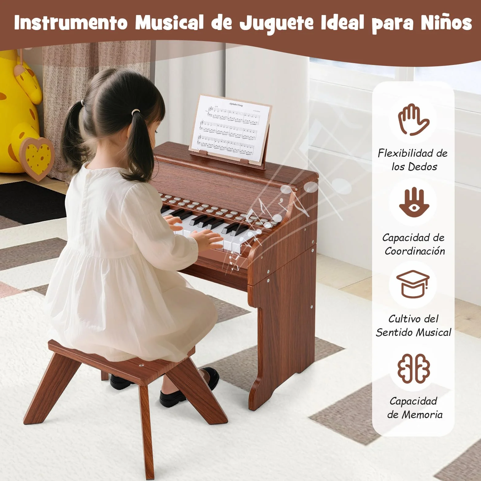 COSTWAY Piano Infantil de 25 Teclas con Taburete y Atril, Órgano Electrónico Niños con Velocidad y Volumen Ajustables, Modo de Enseñanza, Marco Madera, Instrumento Musical para Niños 3+ Años (Marrón)