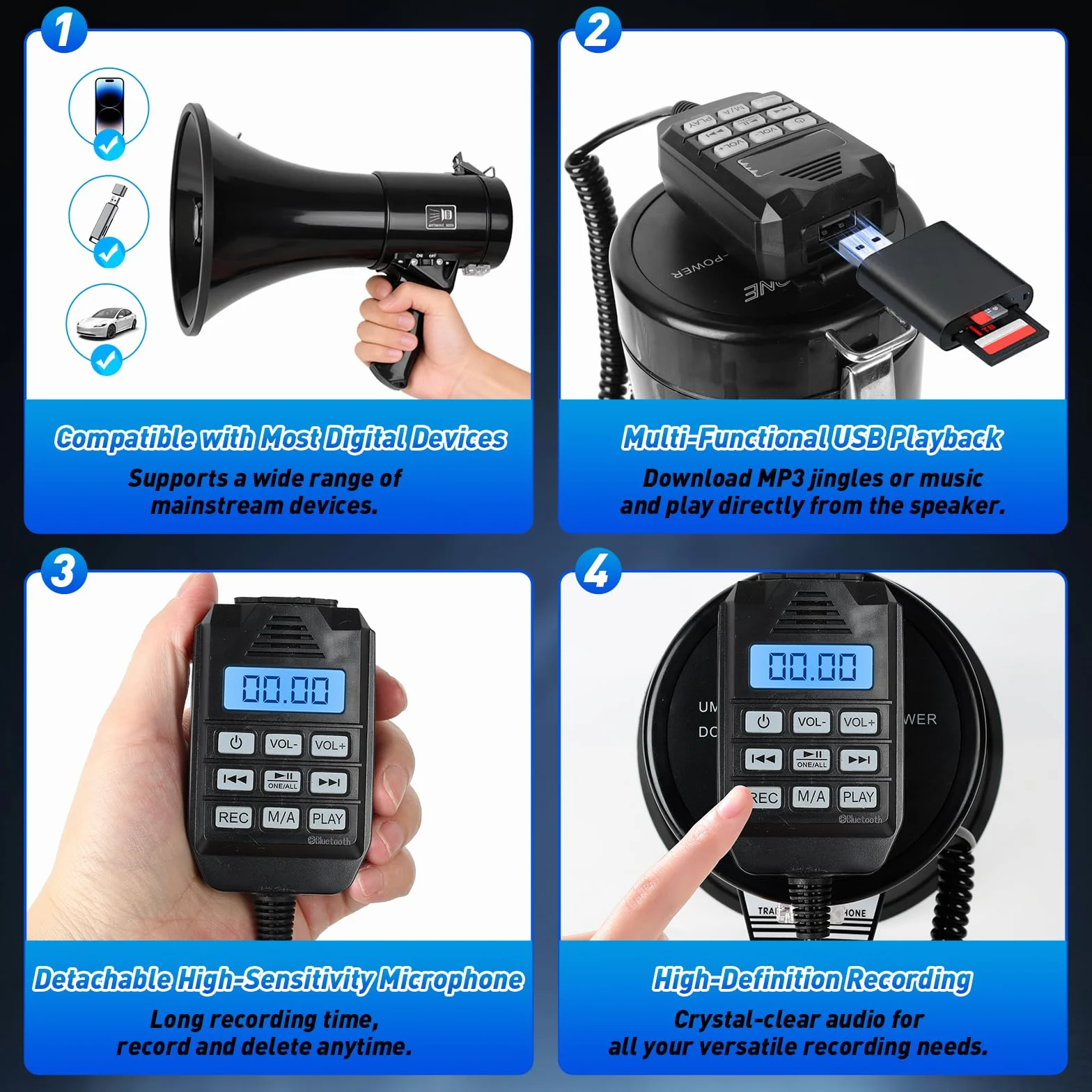 JAOGAUS Megáfono 100W con Bluetooth, Grabación, Sirena, Micrófono Externo, USB, Doble Alimentación