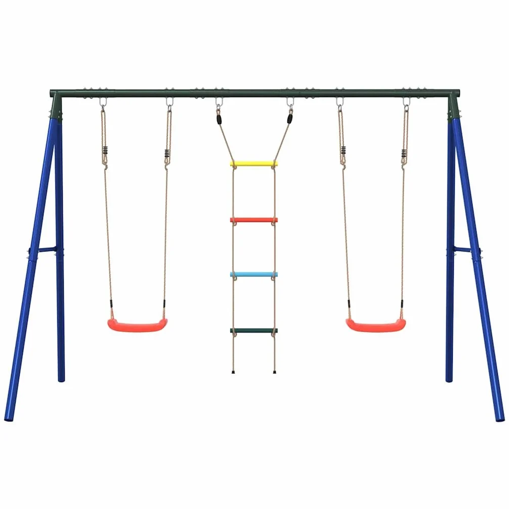 Juego de 2 columpios y escalera de tejer, estructura de acero lacado, 273,5 x 185 x 185 cm, juguete de jardín para niños, zona de juegos en el jardín, promueve la motricidad y el movimiento