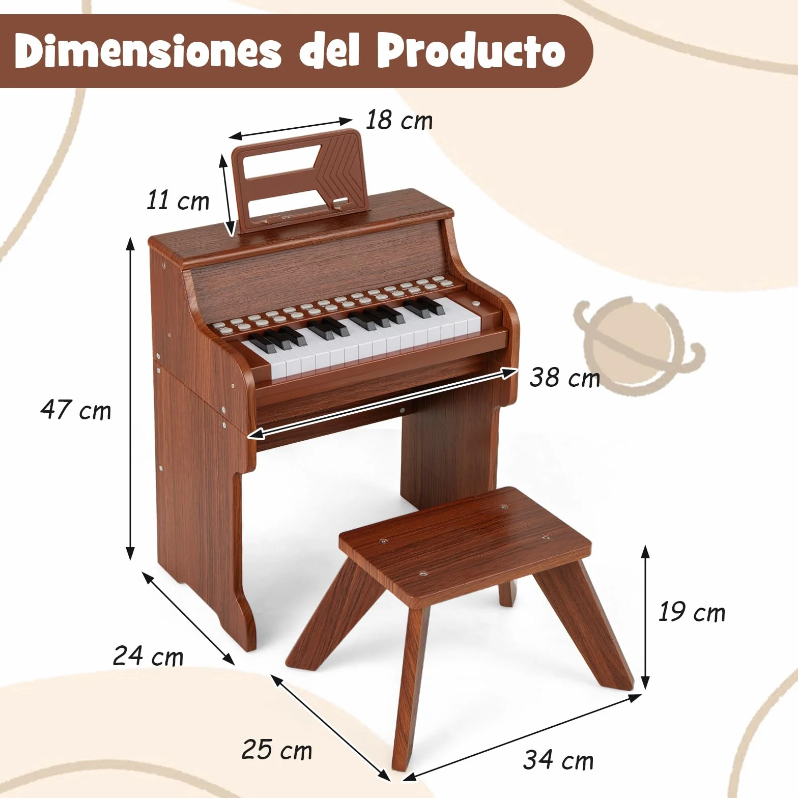 COSTWAY Piano Infantil de 25 Teclas con Taburete y Atril, Órgano Electrónico Niños con Velocidad y Volumen Ajustables, Modo de Enseñanza, Marco Madera, Instrumento Musical para Niños 3+ Años (Marrón)