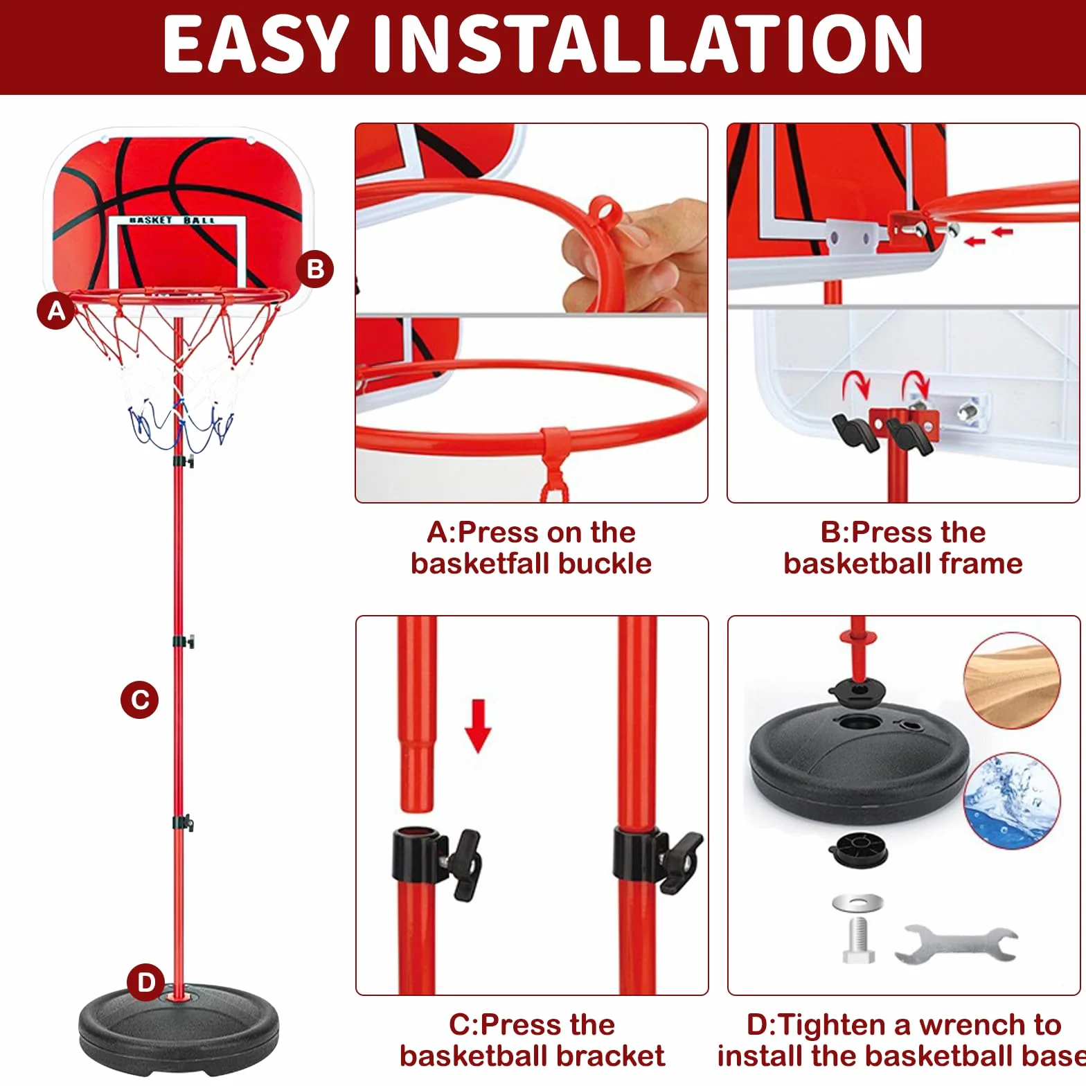 Canasta Baloncesto Infantil,Aro de Baloncesto para Niños Incluir 3 Bolas,2Red,Bomba,Altura Ajustable de 50 a 150 cm,Aro de Baloncesto para Interior y Exterior para Niños de 2 a 6 Años