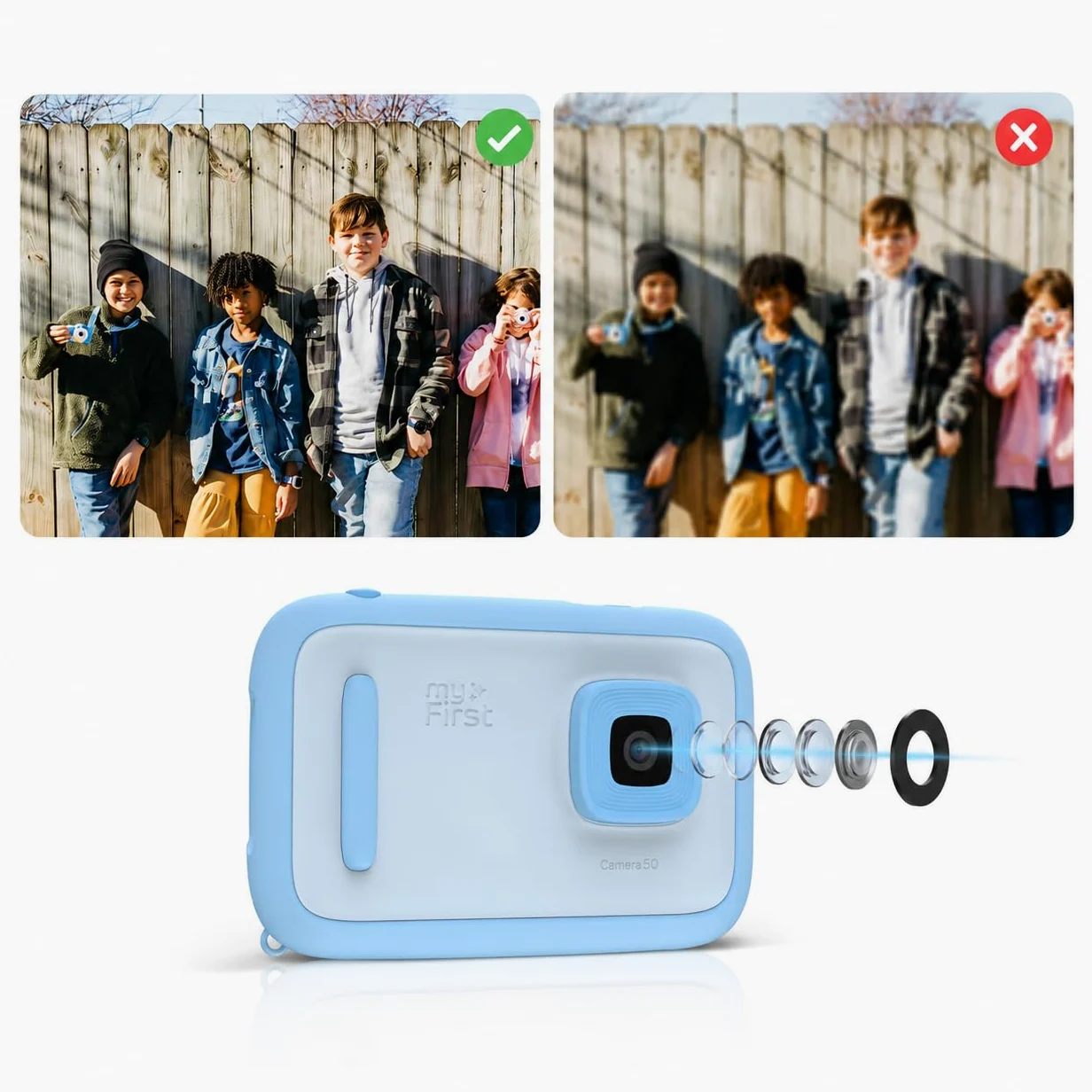 myFirst Cámara 50 - Cámara editora de IA para niños, Fotos de 20 MP, Video 1080P, Lente Frontal y Selfie. Conexión WiFi, Bluetooth, Escucha música. A Partir de 5 años. Conexión con myFirst Circle.