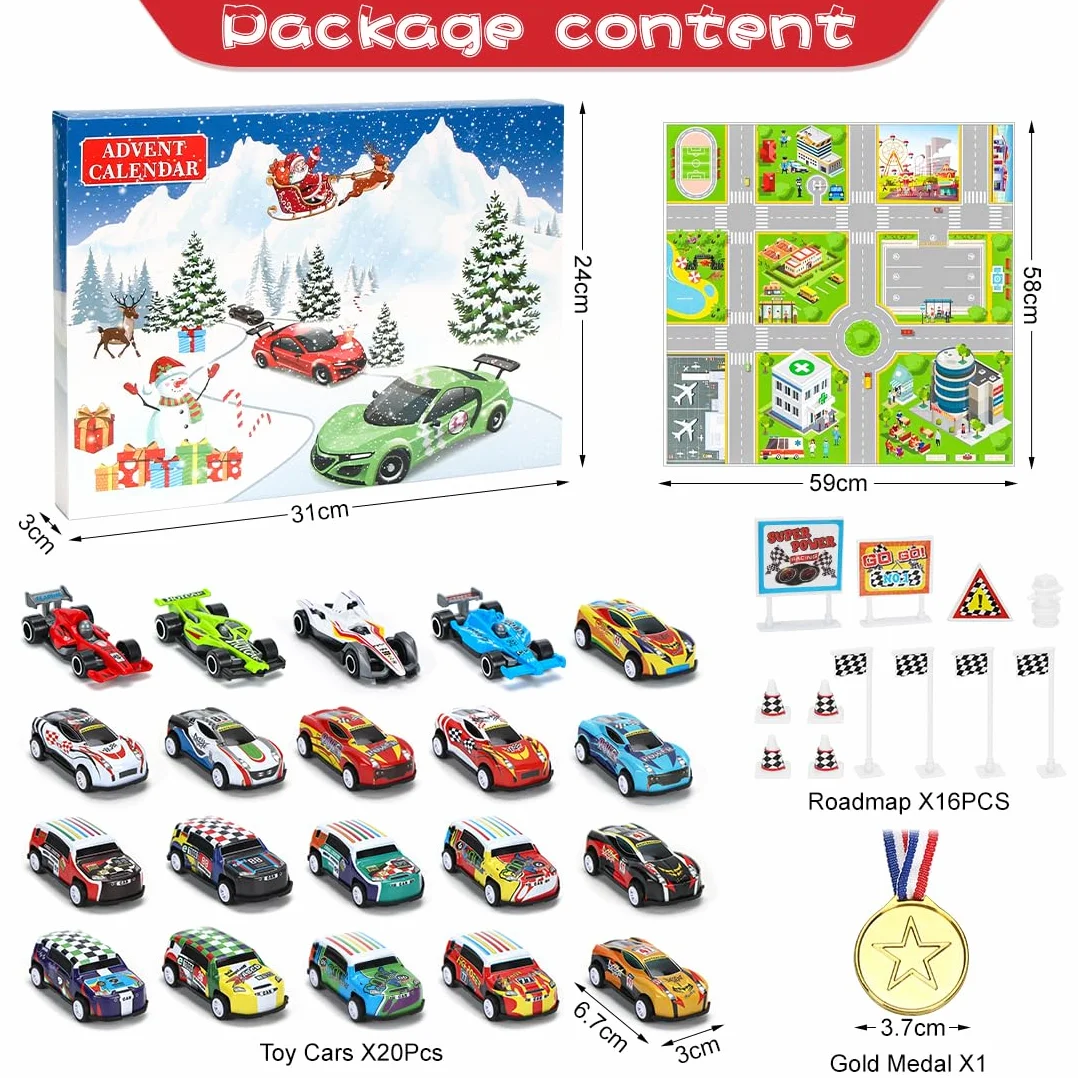 Sprinlot Calendario Adviento Coches, Juguetes de Carreras con Medalla Señales de Tráfico, Calendario Adviento Niños, Calendario de Cuenta Regresiva, Navidad Regalo para Niños Niñas