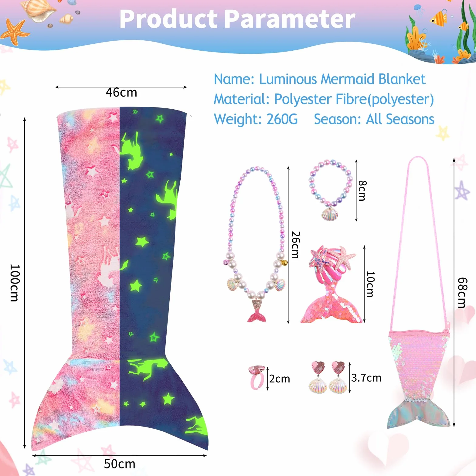 Cyiecw Saco Dormir Niña Manta Infantil Sirena 100x50CM, Aleta de Sirena Niños Manta Resplandor en la Oscuridad, Manta de Franela Sirena con Bolso de Lentejuelas y Accesorios de Joyería de Sirena